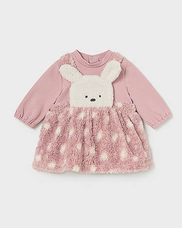 Abitino rosa teddy con coniglietto e maniche lunghe