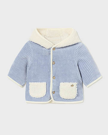 Cappotto azzurro in velluto a costine reversibile in tessuto teddy bianco con cappuccio