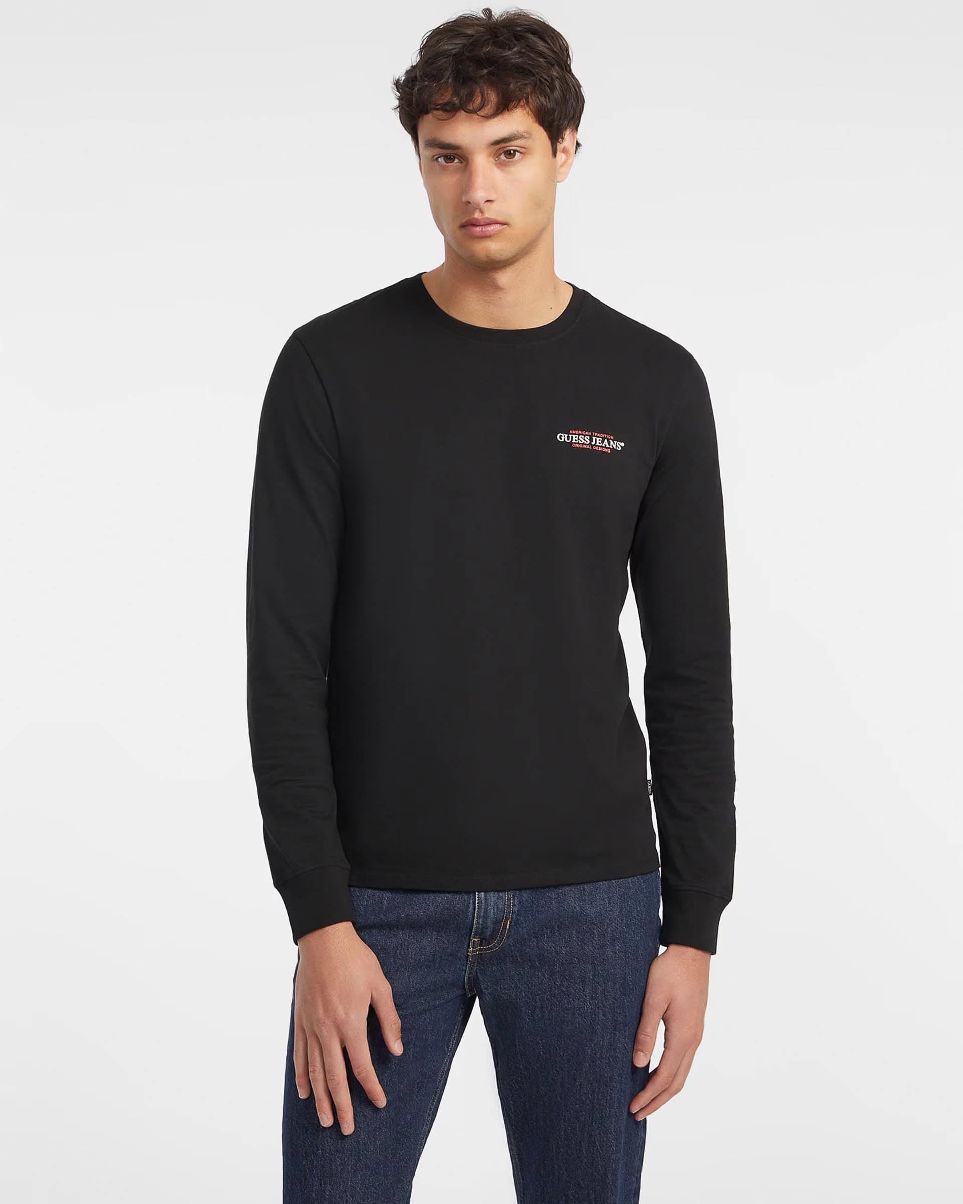 T-shirt slim nera manica lunga in puro cotone con logo scritta