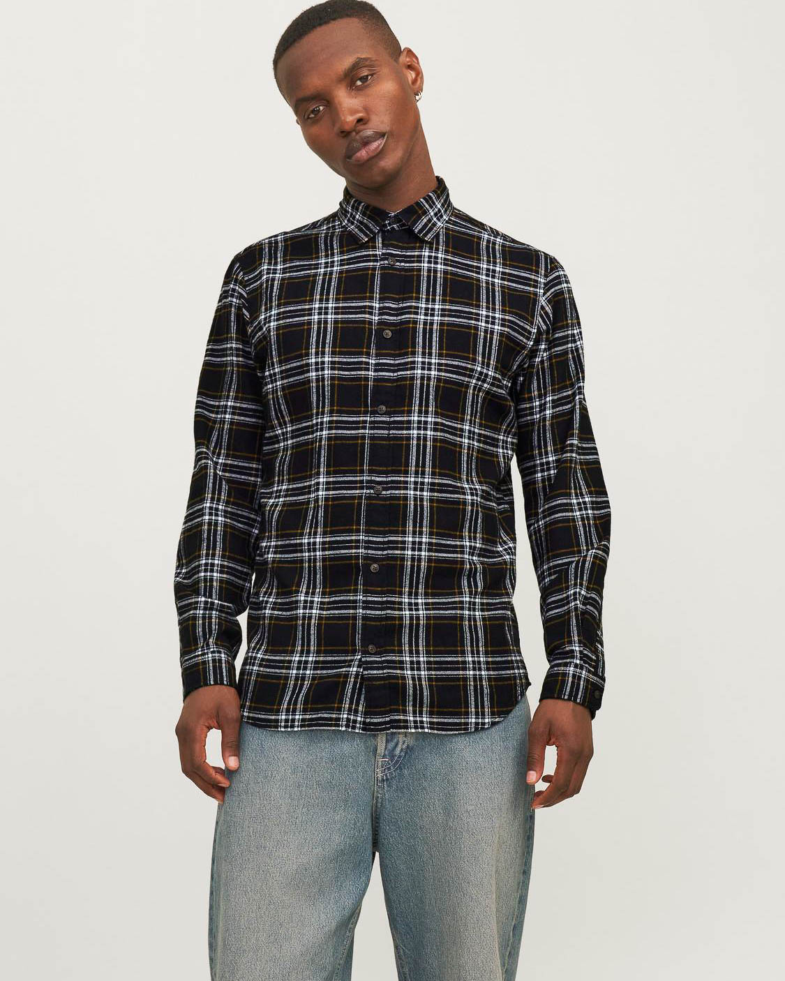 Camicia nera in flanella di cotone a fantasia check arancio slim-fit