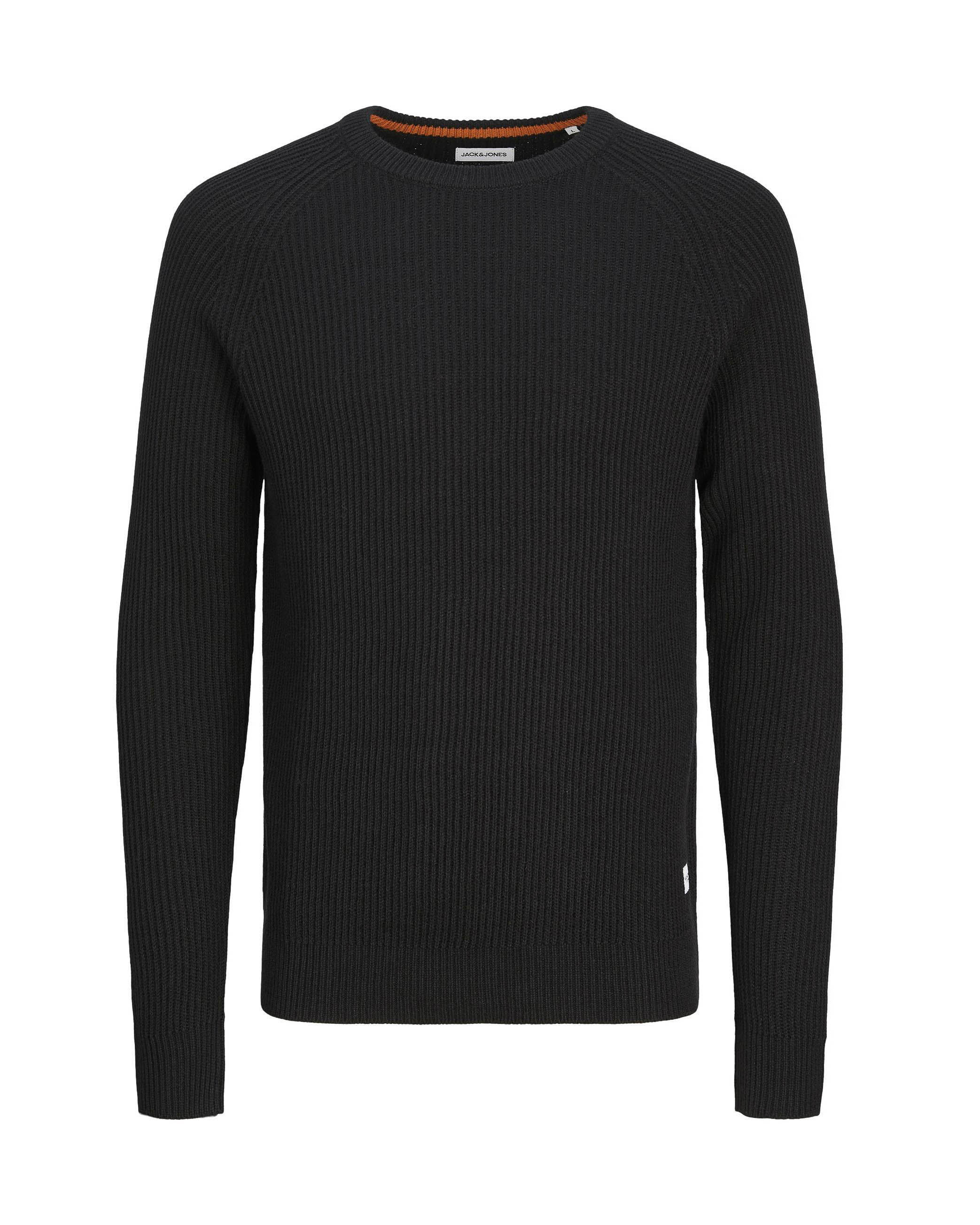Maglia girocollo Jack & Jones nera in misto cotone a coste inglesi regular-fit con etichetta logo sul fianco