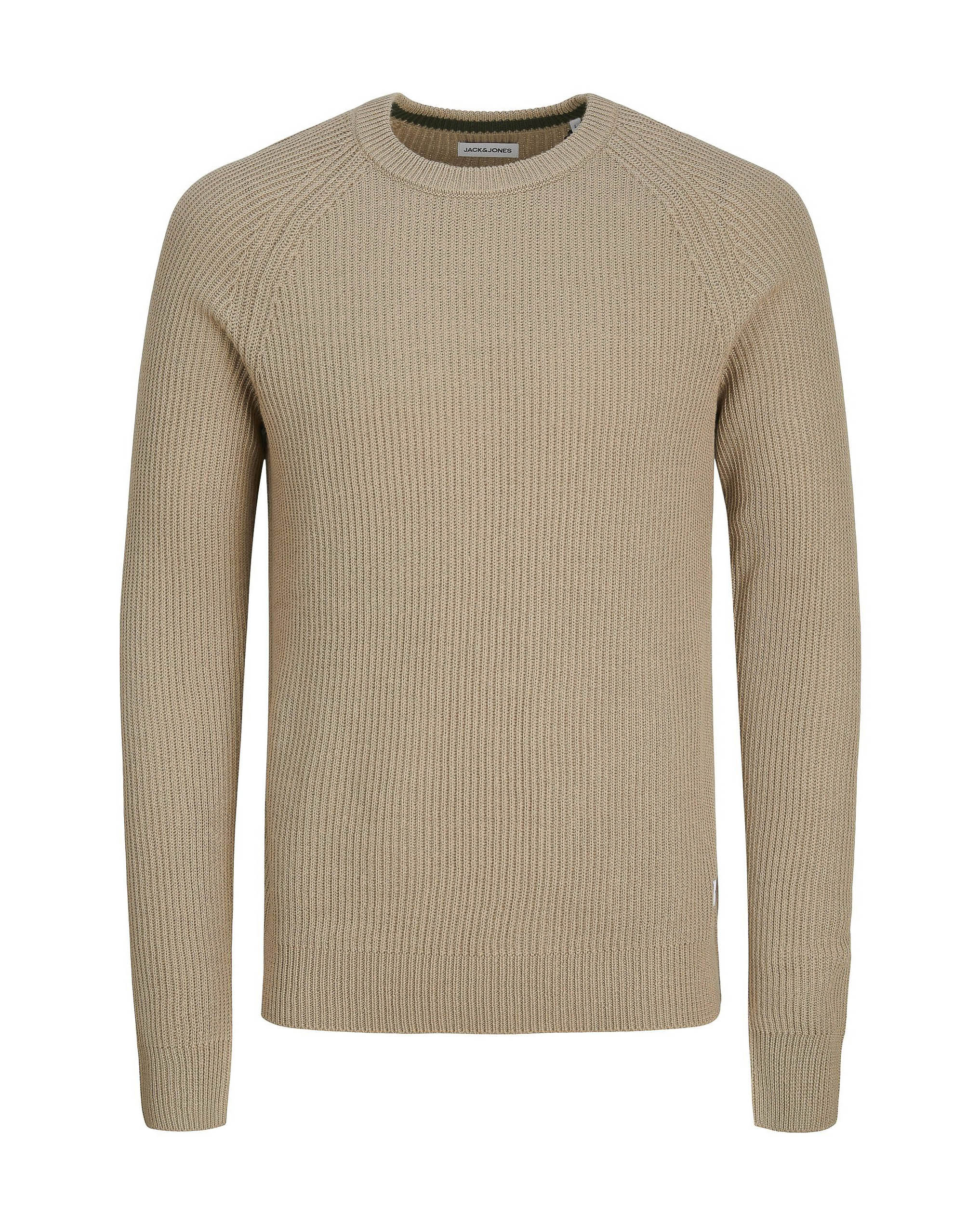 Maglia girocollo beige in misto cotone a coste inglesi regular-fit con etichetta logo sul fianco