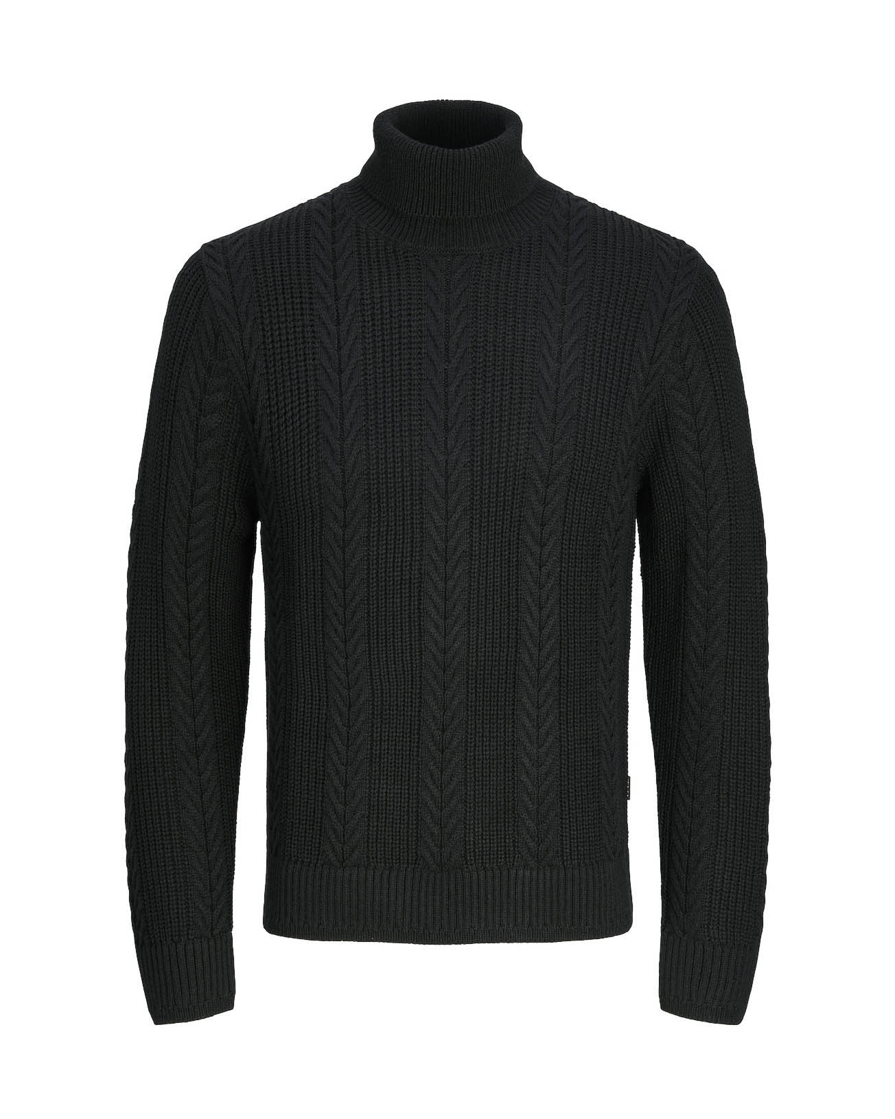 Dolcevita nero in misto cotone lavorato a coste inglesi con motivo a trecce chevron regular-fit