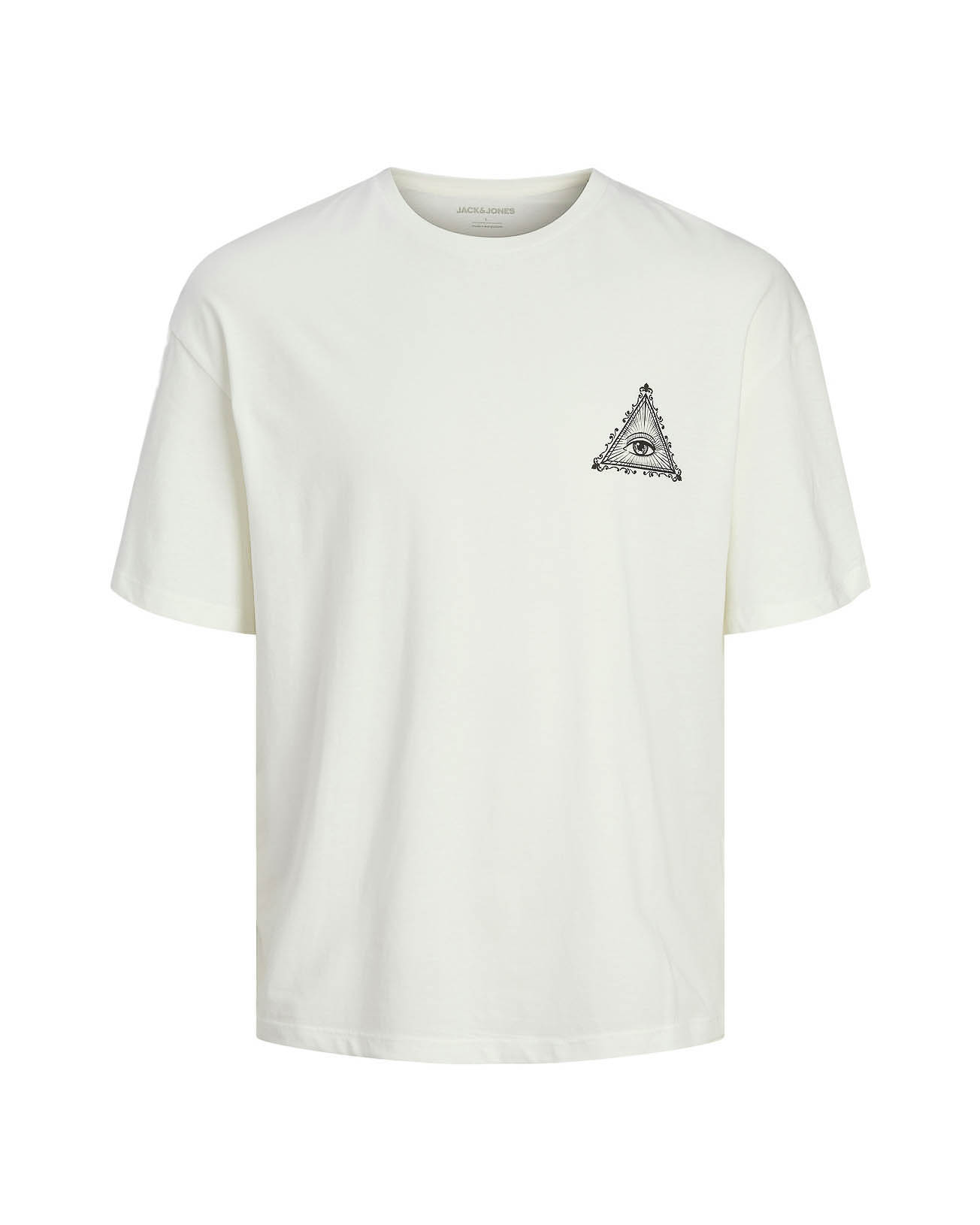 T-shirt bianca in puro cotone con stampa illuminati nera piccola sul petto e maxi sul retro