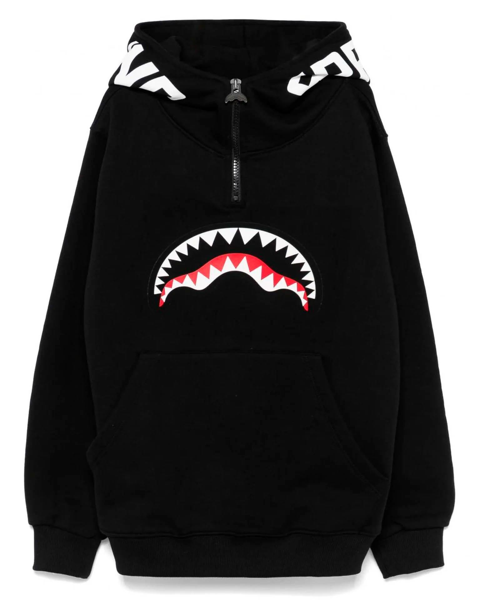 Felpa nera in cotone con cappuccio e mezza zip