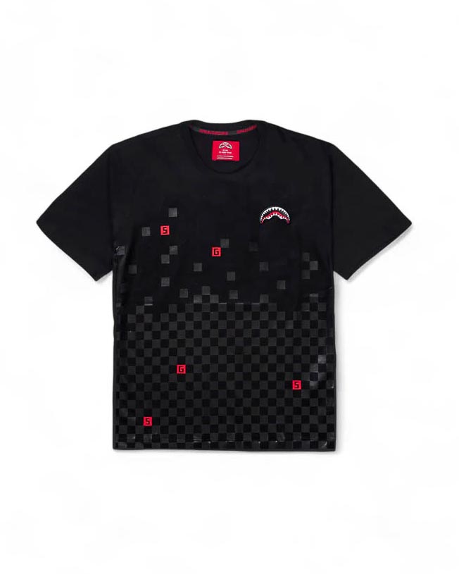 T-shirt nera in cotone a maniche corte con stampa pixel