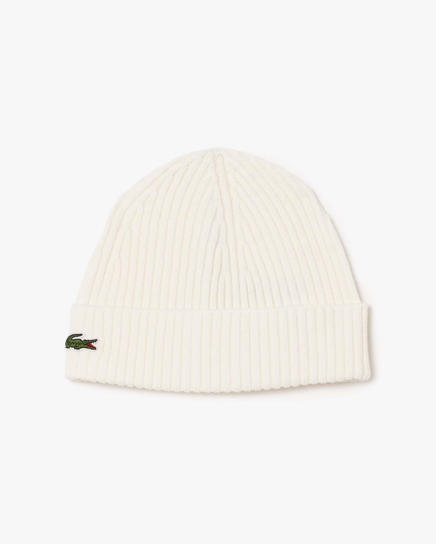 Berretto Lacoste color panna in lana a coste con logo coccodrillo verde