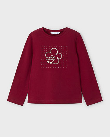 T-shirt in cotone stretch rossa a maniche lunghe con stampa fiore