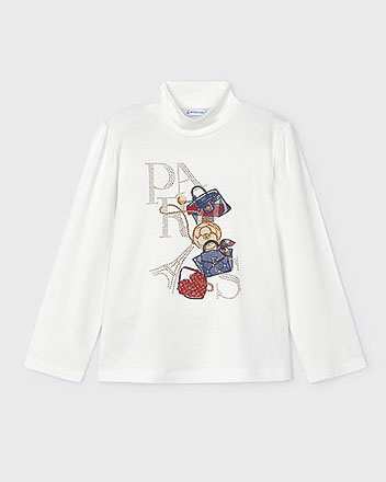 T-shirt a lupetto bianca in viscosa stretch a maniche lunghe con stampa Paris strass
