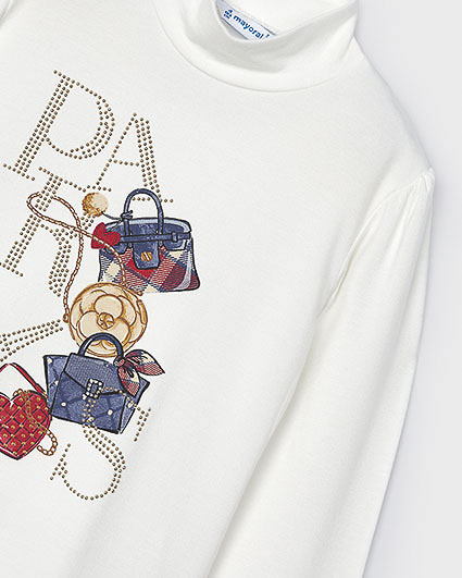T-shirt Mayoral a lupetto bianca in viscosa stretch a maniche lunghe con stampa Paris strass image