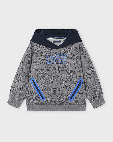 Felpa in misto cotone grigia con cappuccio blu e stampa simboli all-over