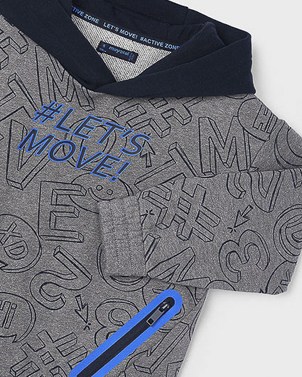 Felpa in misto cotone grigia con cappuccio blu e stampa simboli all-over image