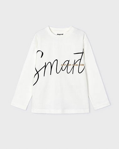 T-shirt bianca in cotone a maniche lunghe con stampa scritta nera
