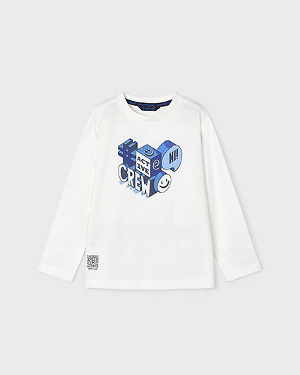 T-shirt bianca in cotone a maniche lunghe con stampa blu