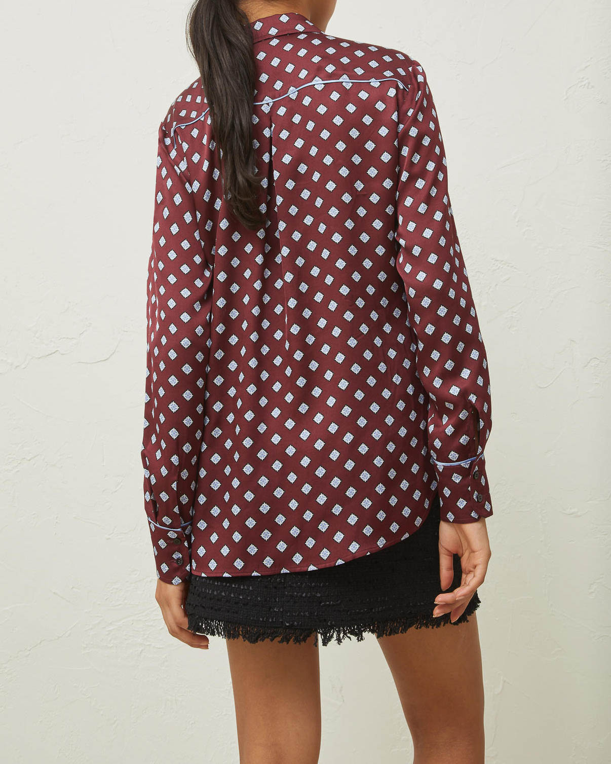 Camicia bordeaux in viscosa a stampa cravatta azzurra con doppio