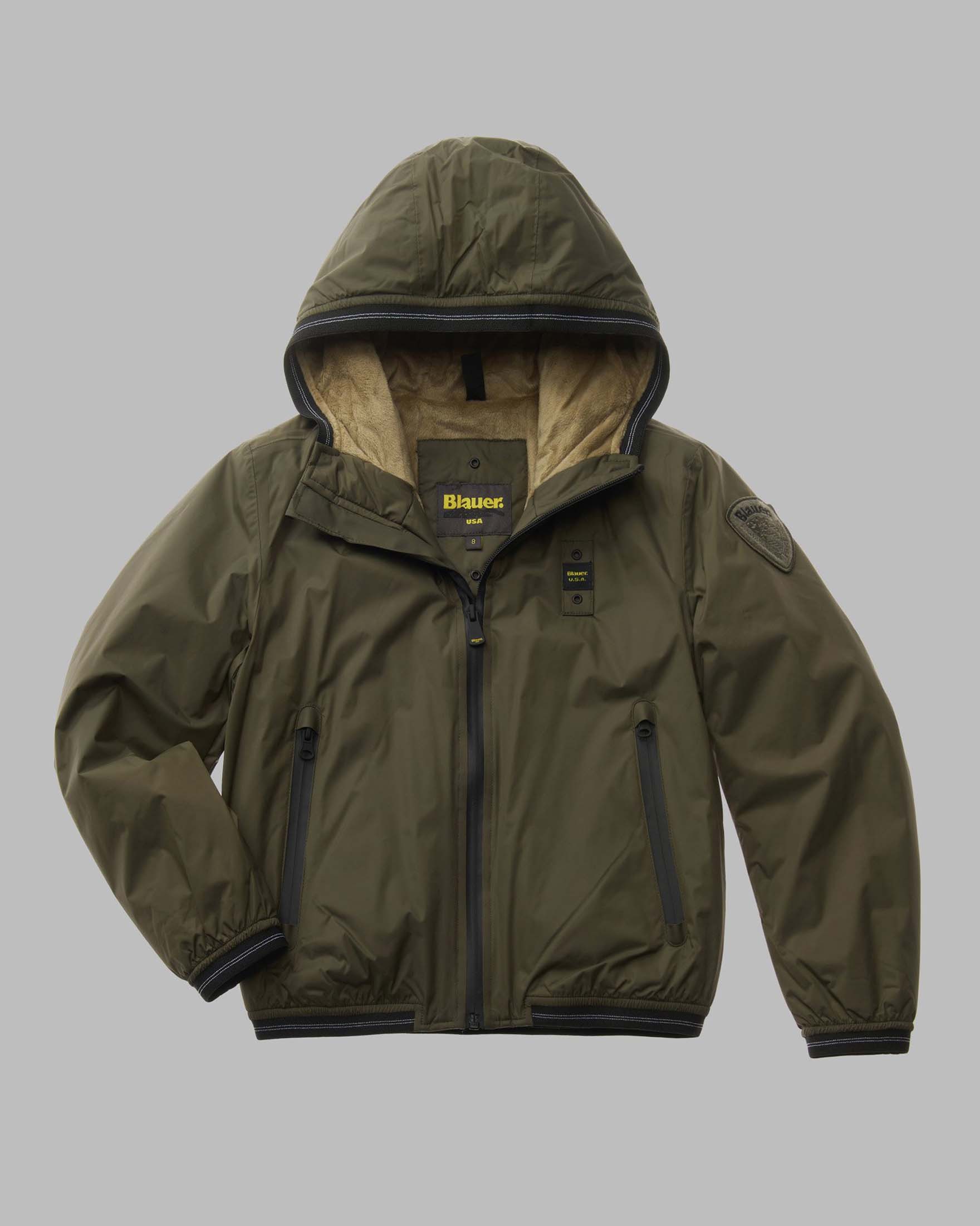 Giacca militare in nylon con cappuccio ed interno ecopelliccia cammello