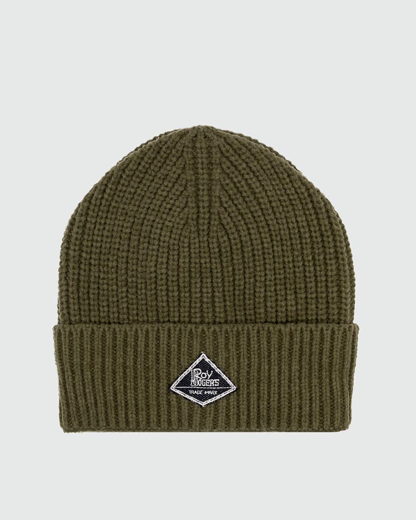 Berretto Roy Roger's verde militare a costine con risvolto e patch porta logo