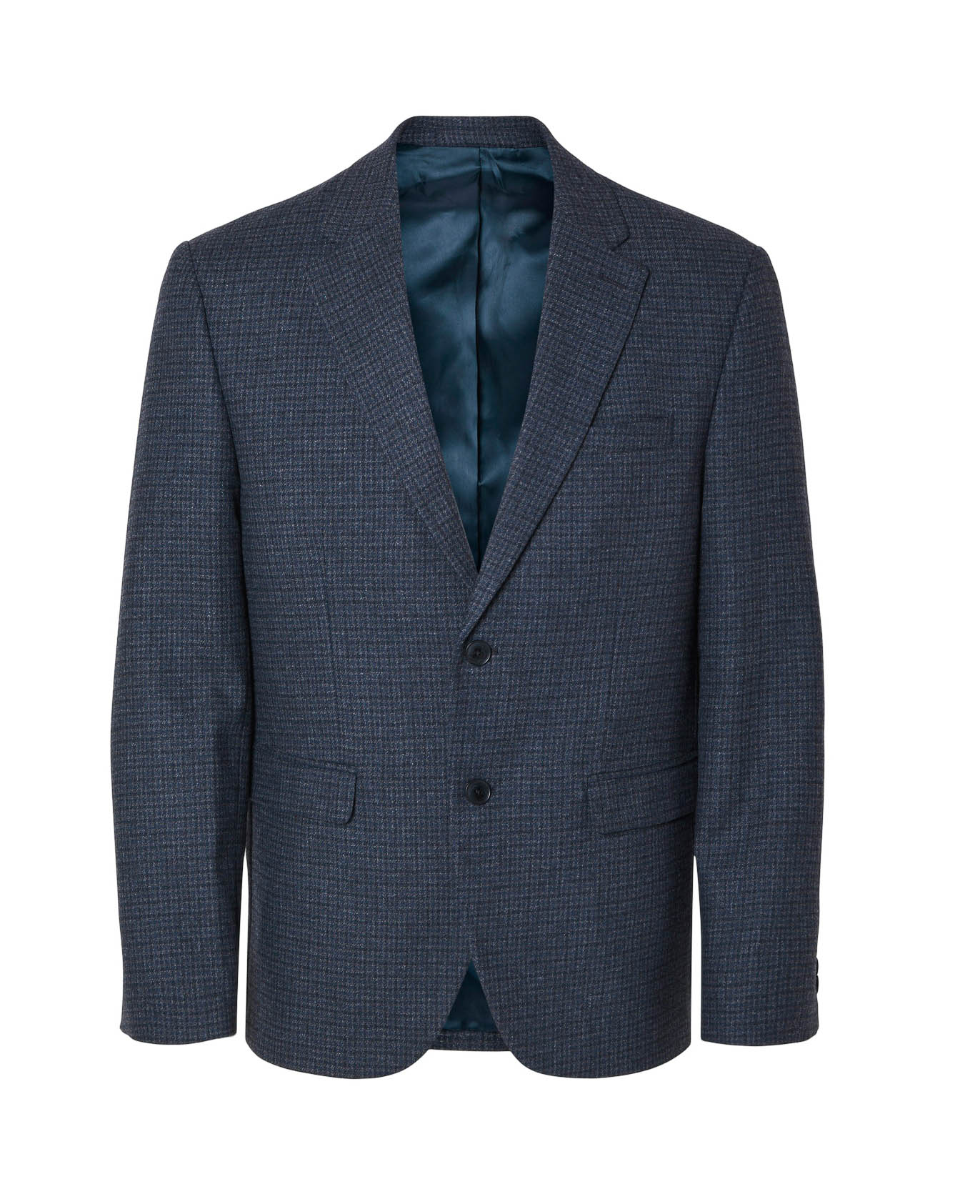 Blazer blu slim-fit in micro quadretto di misto lana con chiusura monopetto