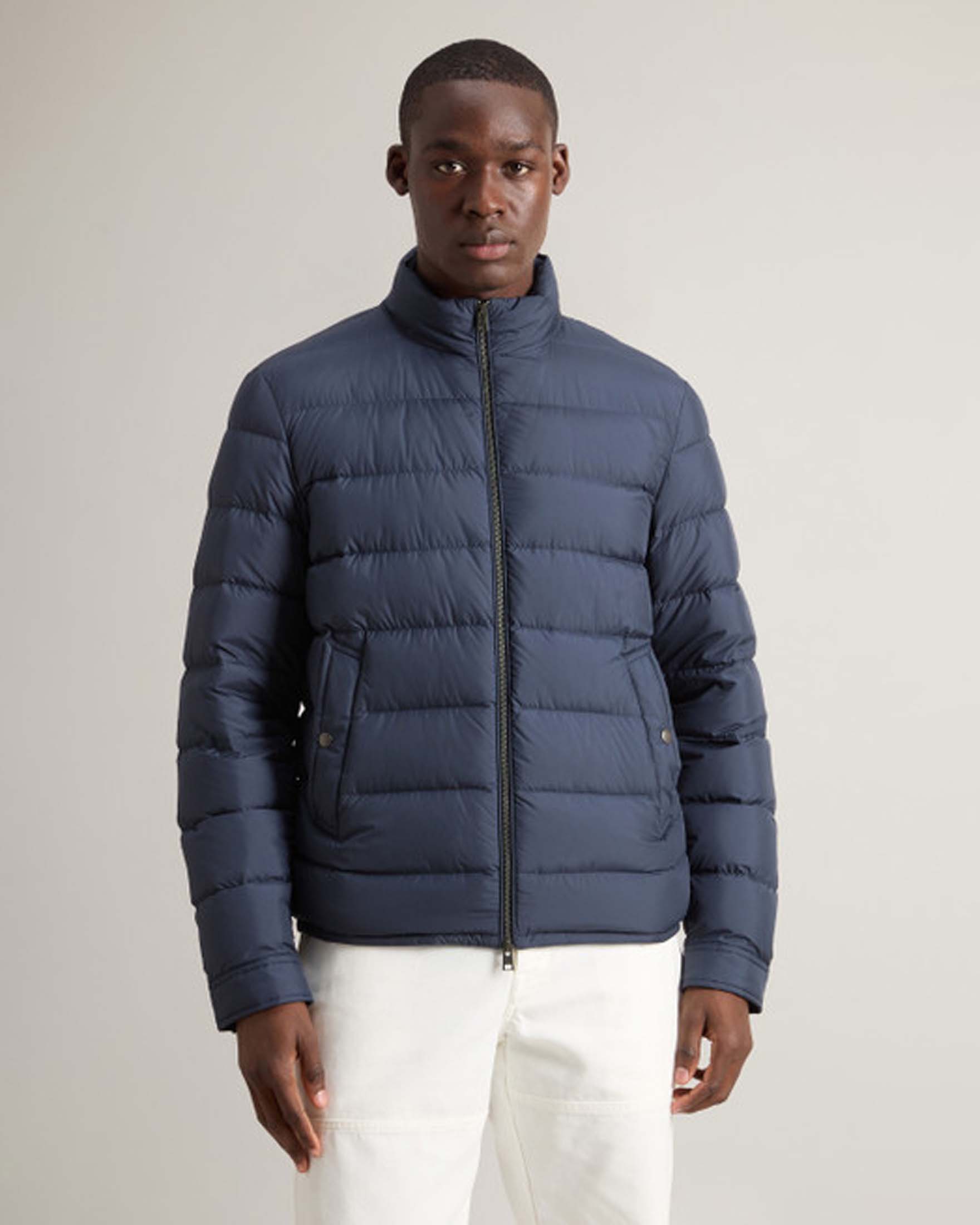 Piumino blu in microfibra senza cappuccio