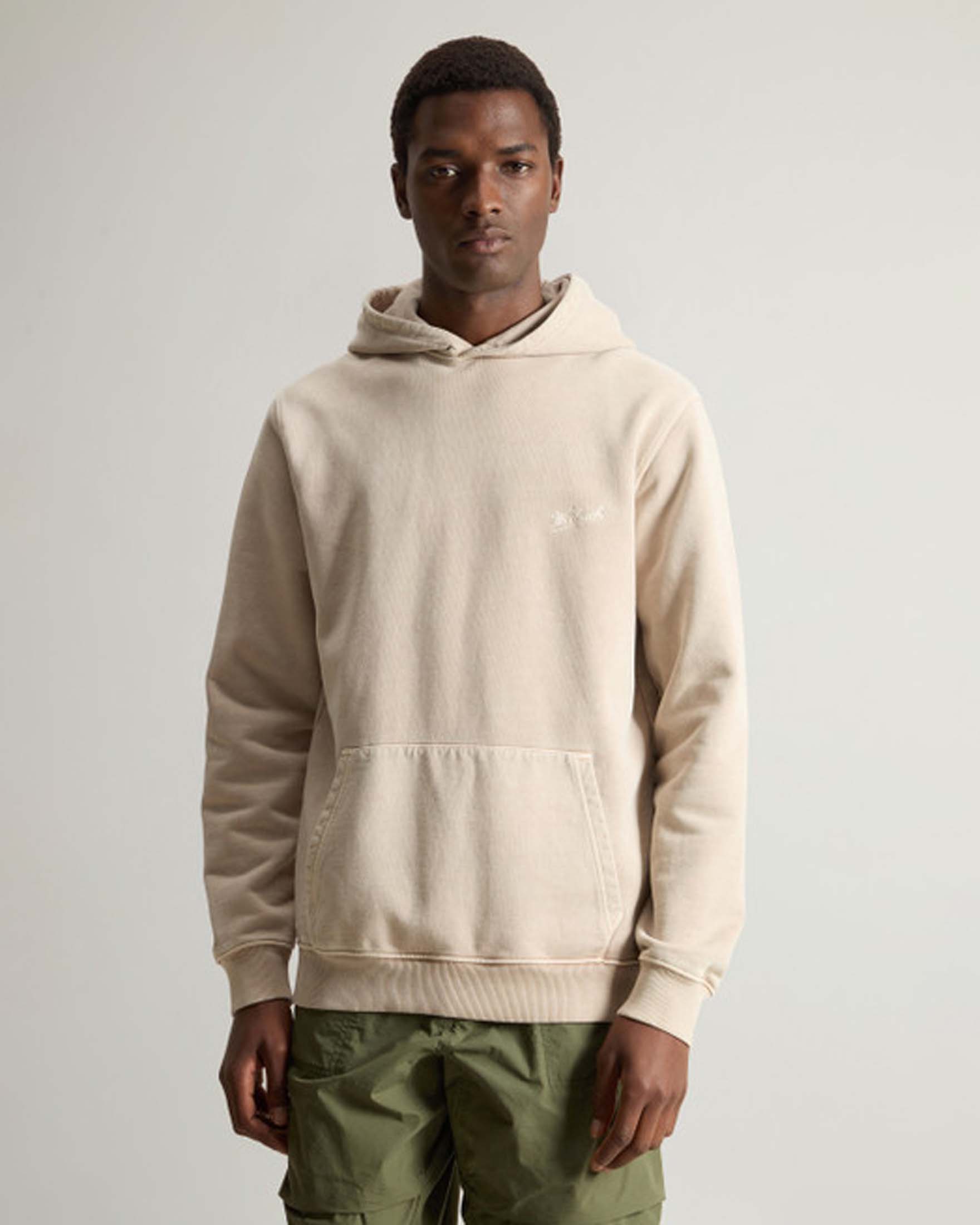 Felpa color sabbia con cappuccio in puro cotone tinta in capo