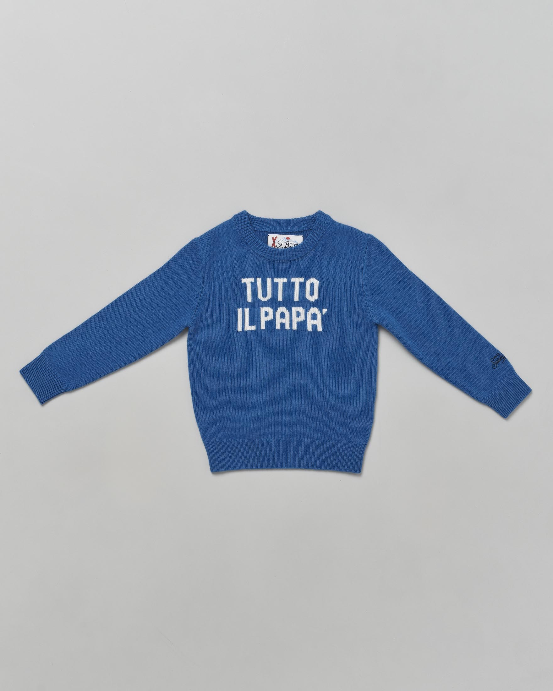 Maglia MC2 Saint Barth blu royal in misto lana e cashmere con scritta bianca 'Tutto il papà'