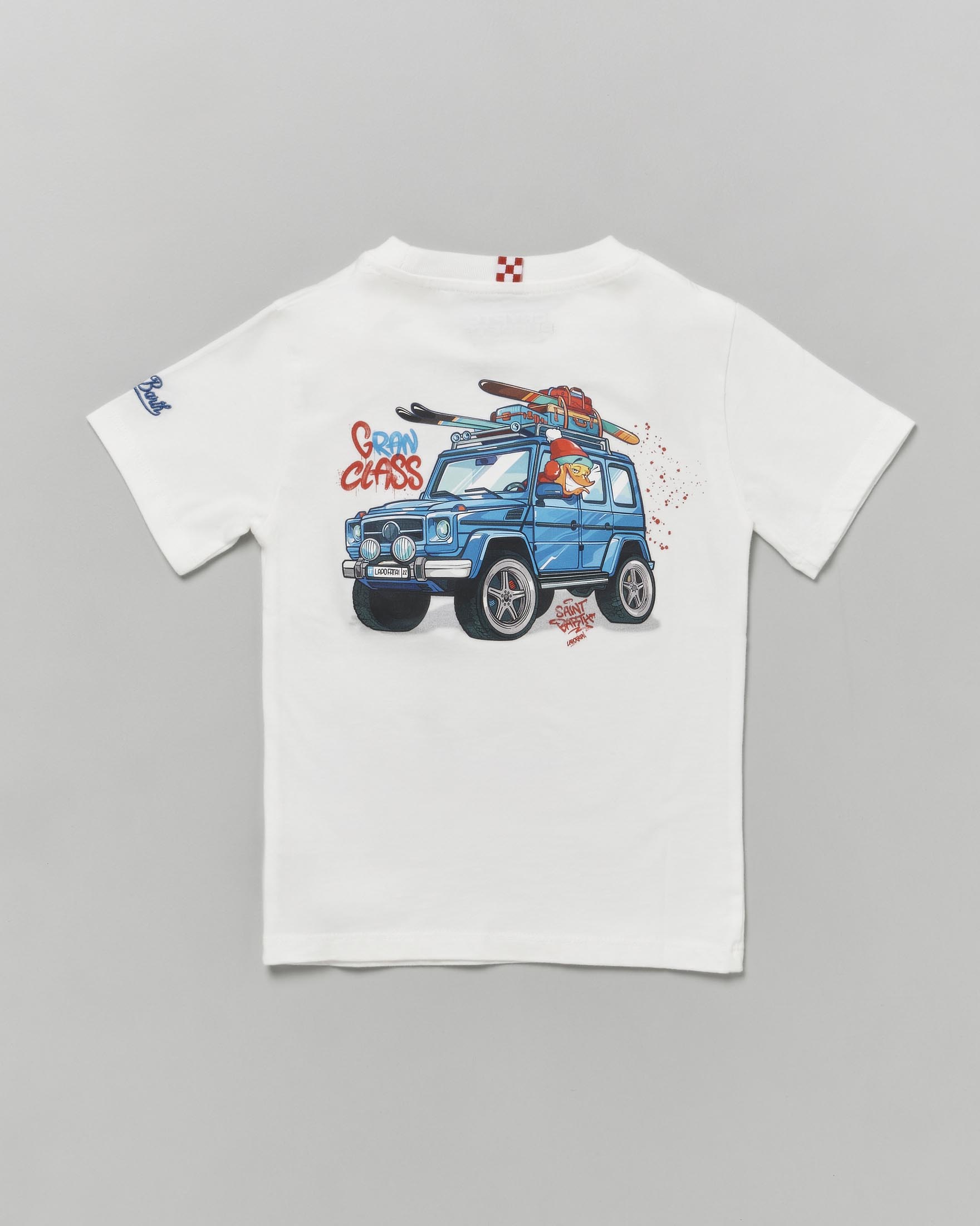 T-shirt bianca in cotone a maniche corte con stampa auto anatra