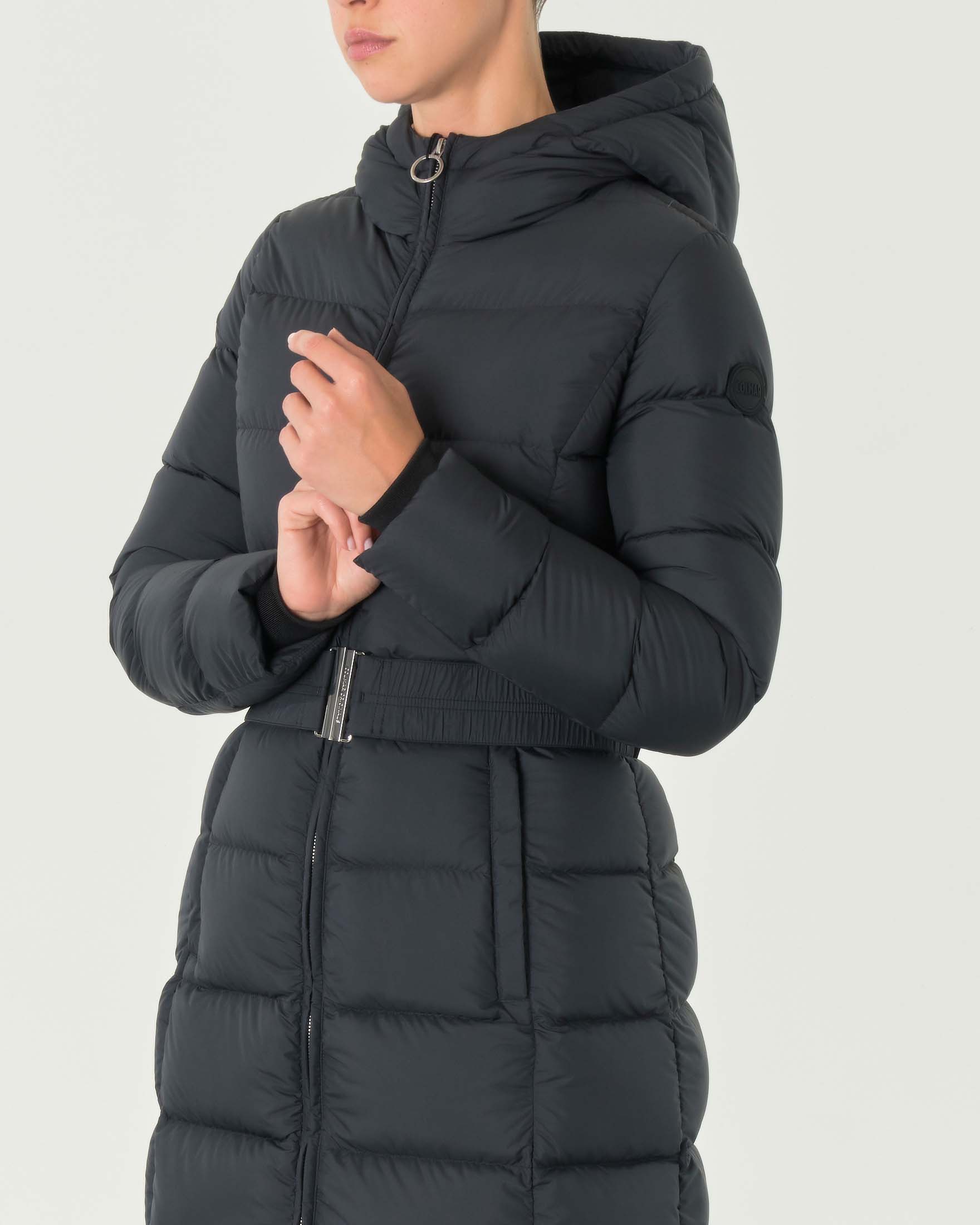 Piumino nero lungo imbottito in piuma naturale in tessuto dal