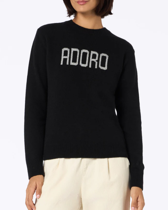 Maglia nera in lana e cashmere con scritta jacquard argento Adoro