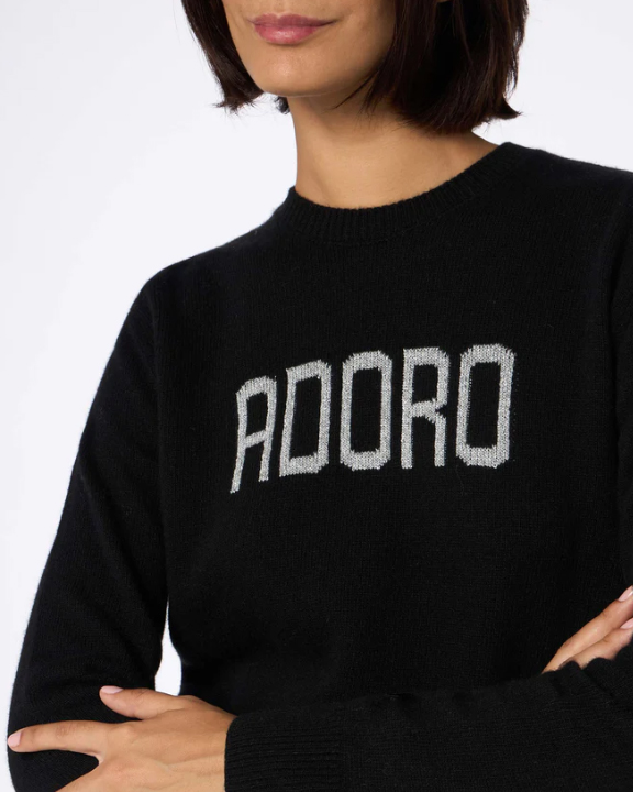 Maglia nera in lana e cashmere con scritta jacquard argento Adoro image