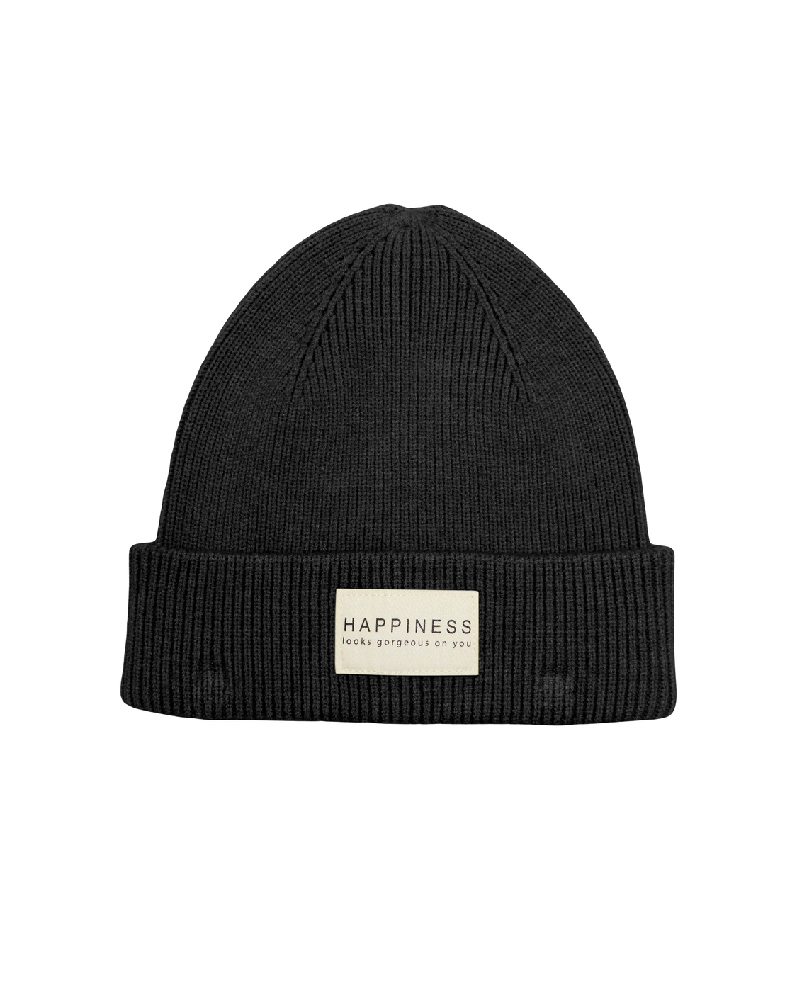Berretto nero in misto viscosa a costine con etichetta happiness