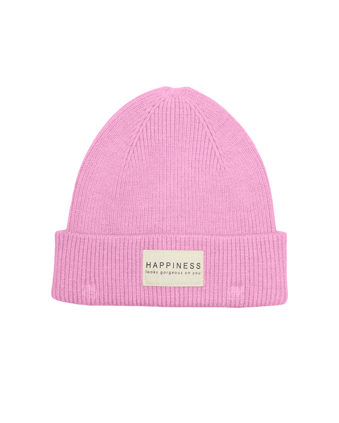 Berretto rosa in misto viscosa a costine con etichetta happiness