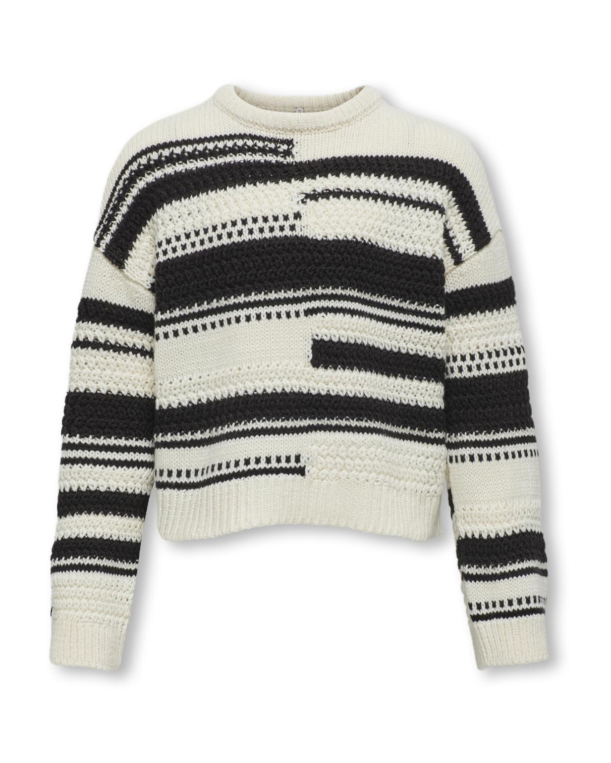 Maglia relaxed in misto cotone panna tricot a fantasia righe spezzate nere