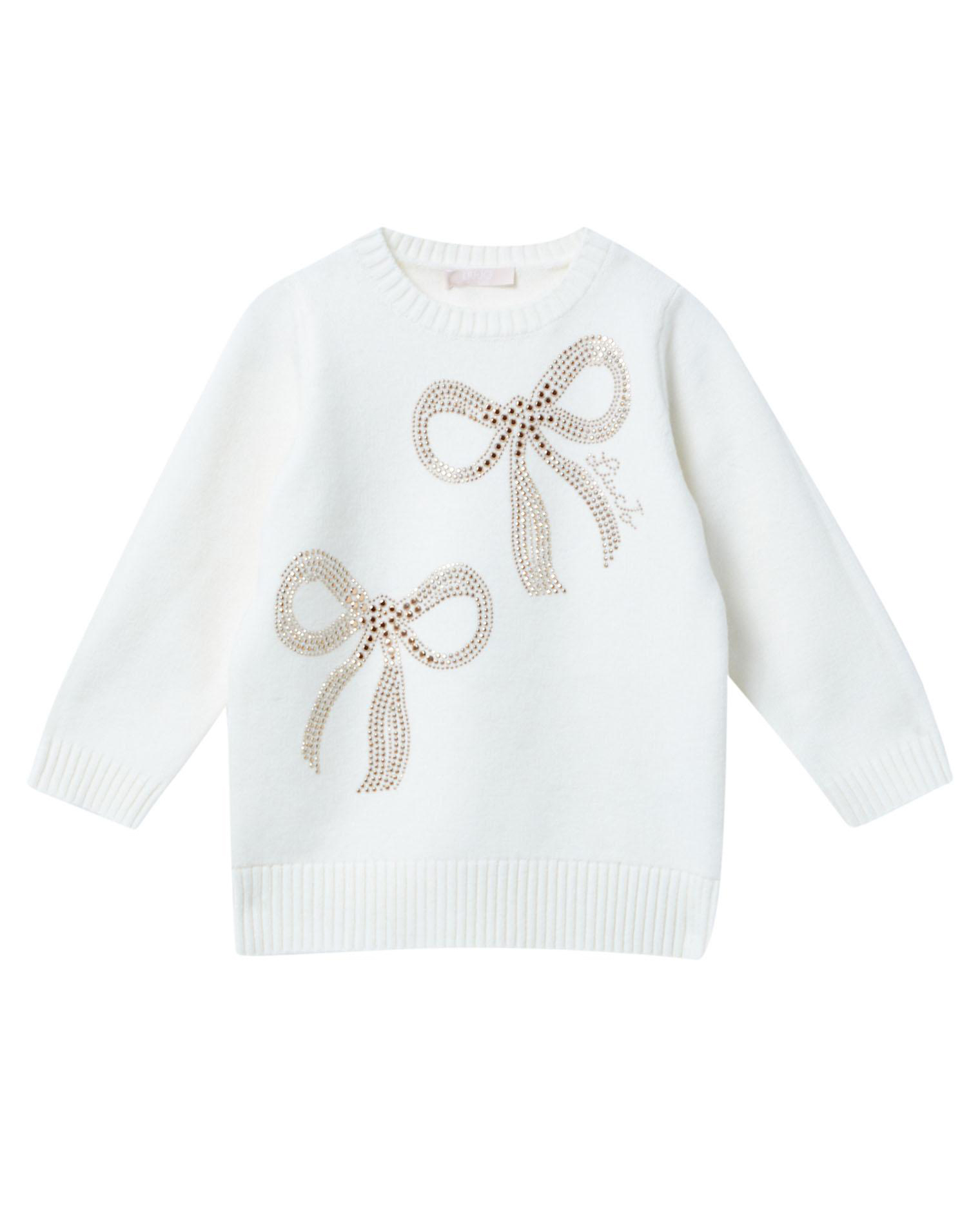 Abito Liu Jo maxi maglia in cotone e lana bianco con fiocchi dorati in strass