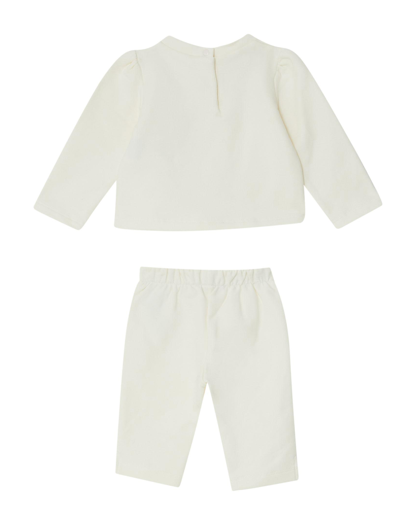 Completo bianco in cotone stretch con fiocchi in strass dorati