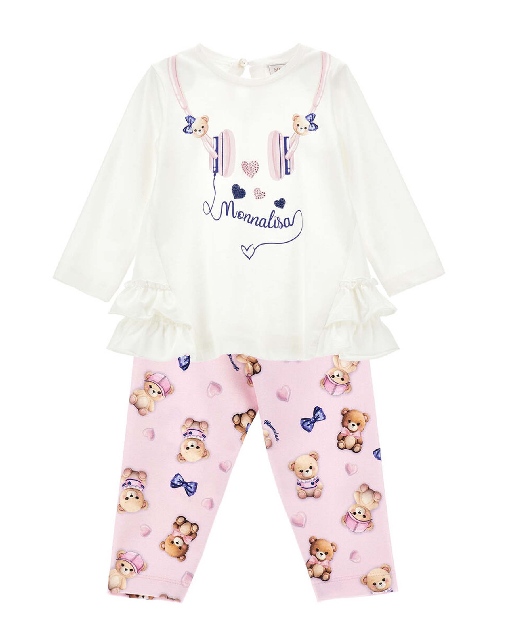 Completo Monnalisa in puro cotone a due pezzi rosa e bianco con orsetti
