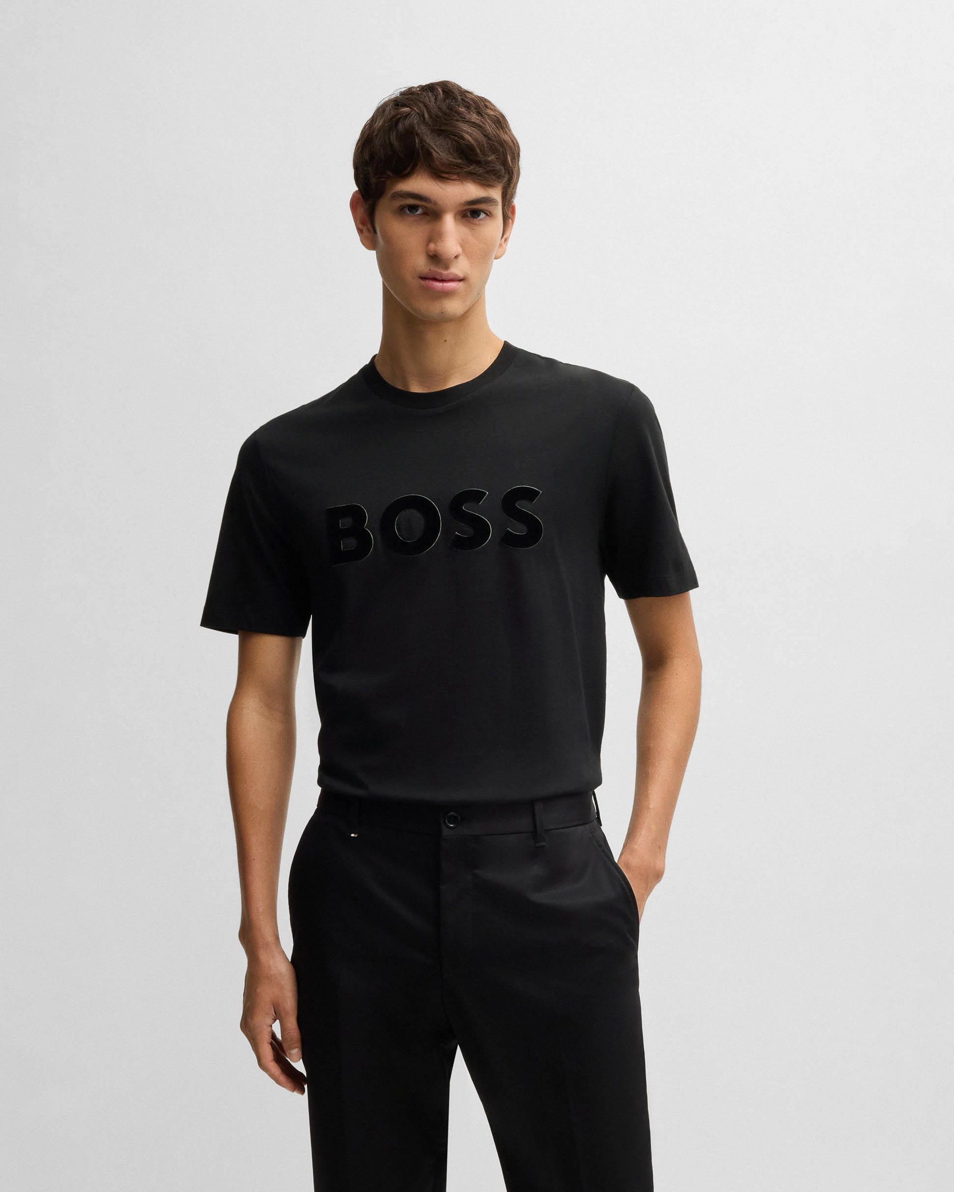 T-shirt nera mezza manica in puro cotone con logo applicato