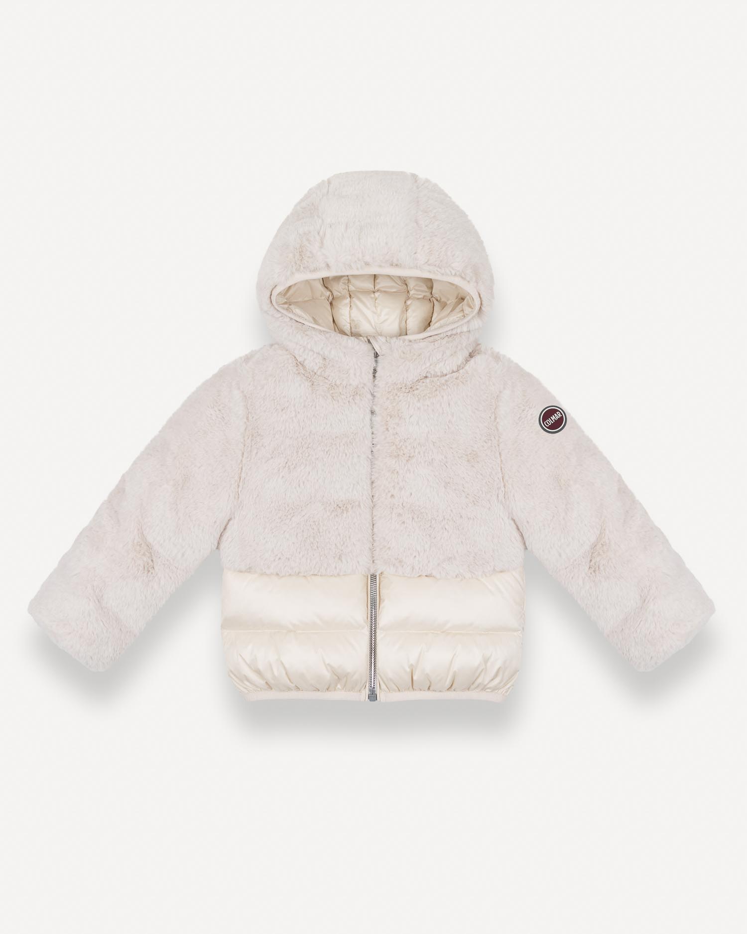 Piumino in nylon avorio imbottito con cappuccio e pelliccia