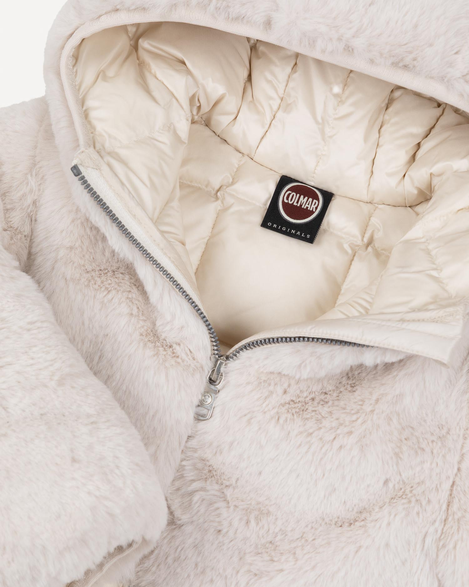 Piumino in nylon avorio imbottito con cappuccio e pelliccia