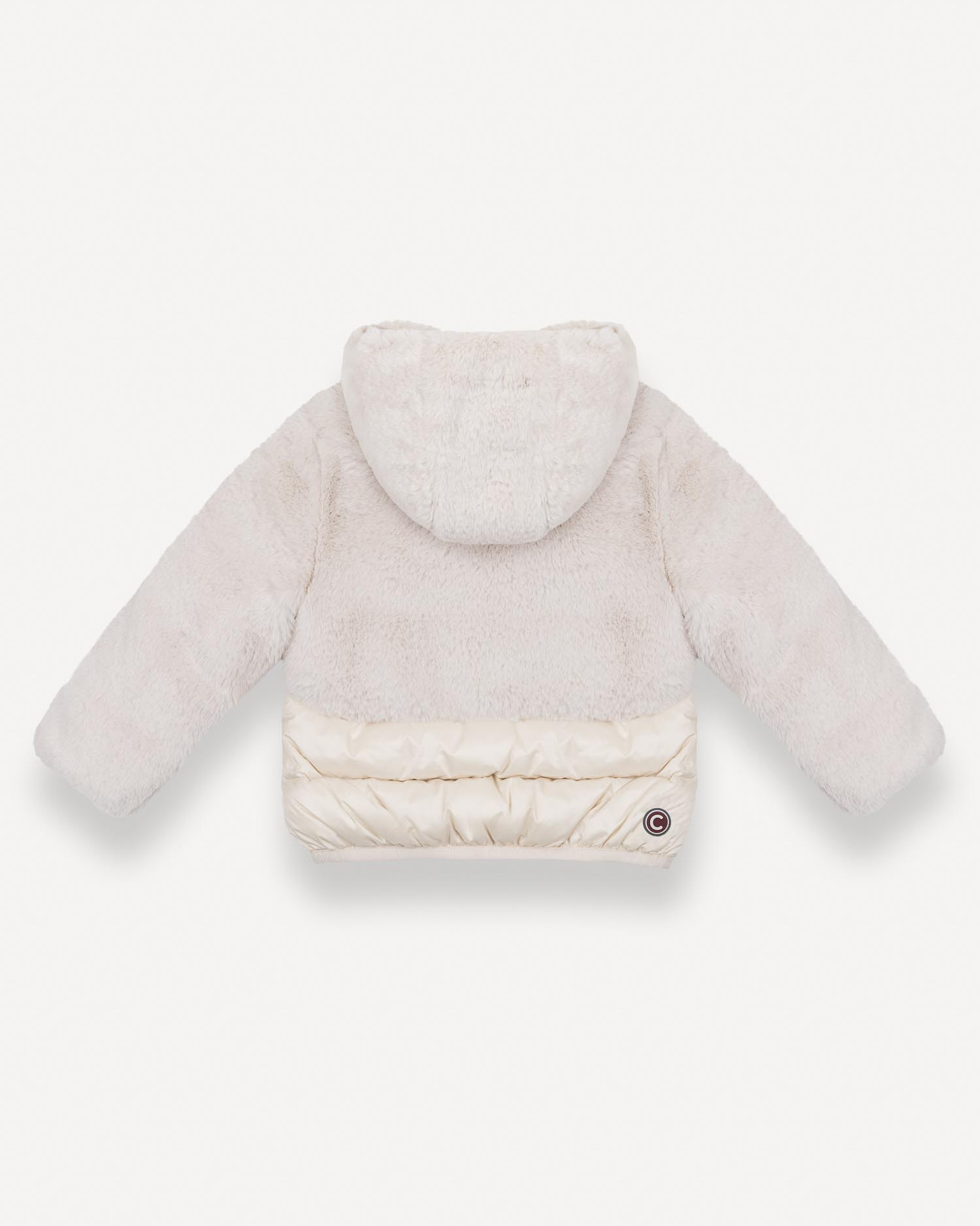 Piumino in nylon avorio imbottito con cappuccio e pelliccia