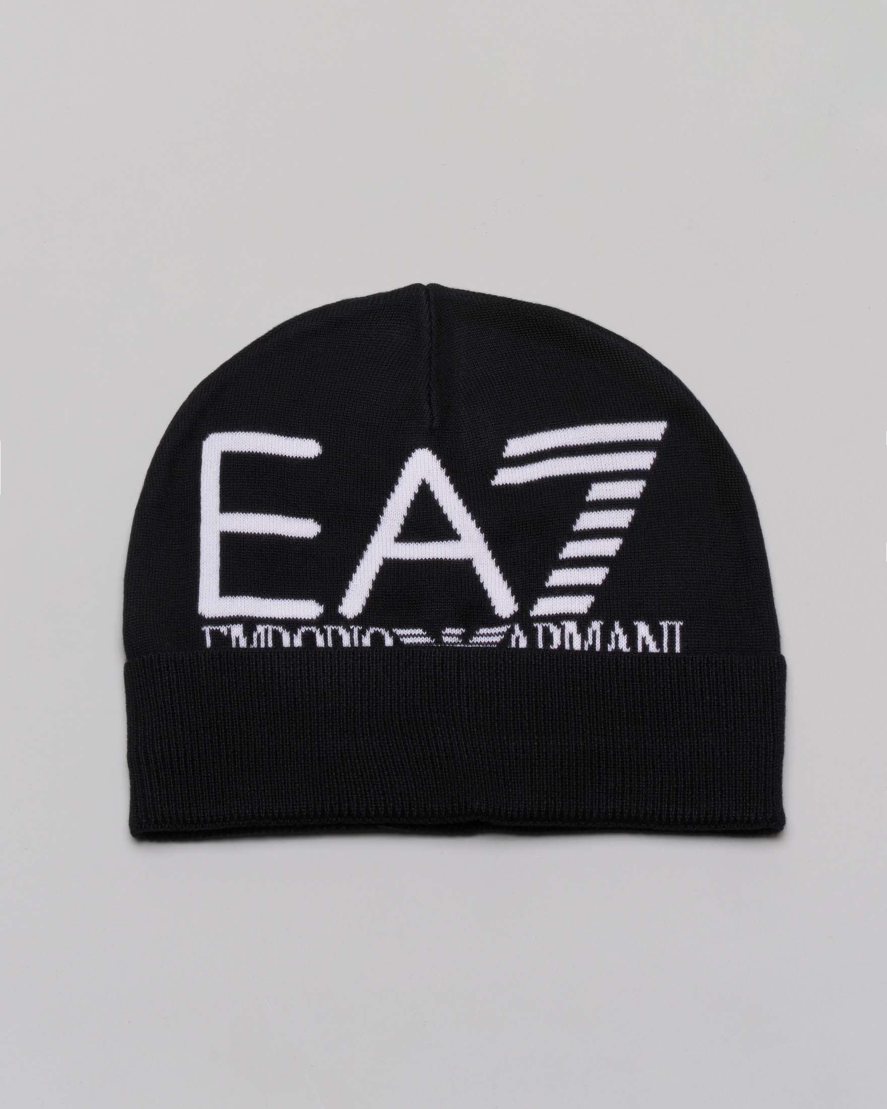 Berretto EA7 nero in maglia a costine con risvolto e maxi logo