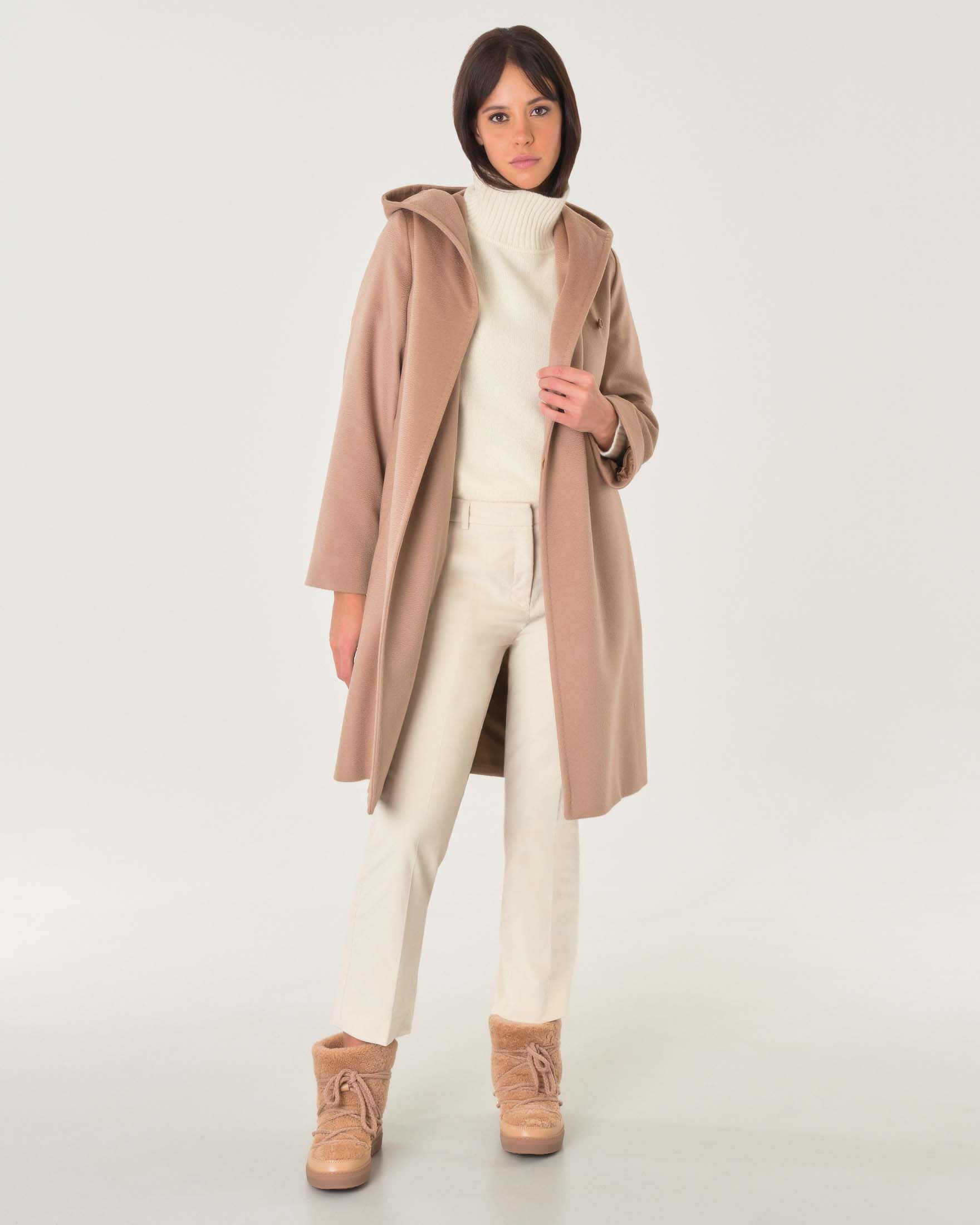 MAX MARA - STUDIO — Cappotto Max Mara Studio corto color cammello in drap di pura lana con cappuccio a cintura annodabile in vita
