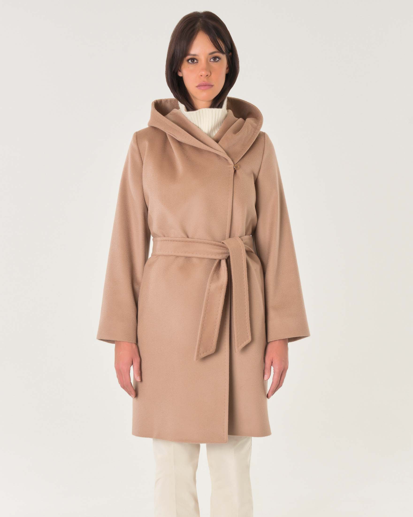 Cappotto Max Mara Studio corto color cammello in drap di pura lana con cappuccio a cintura annodabile in vita image
