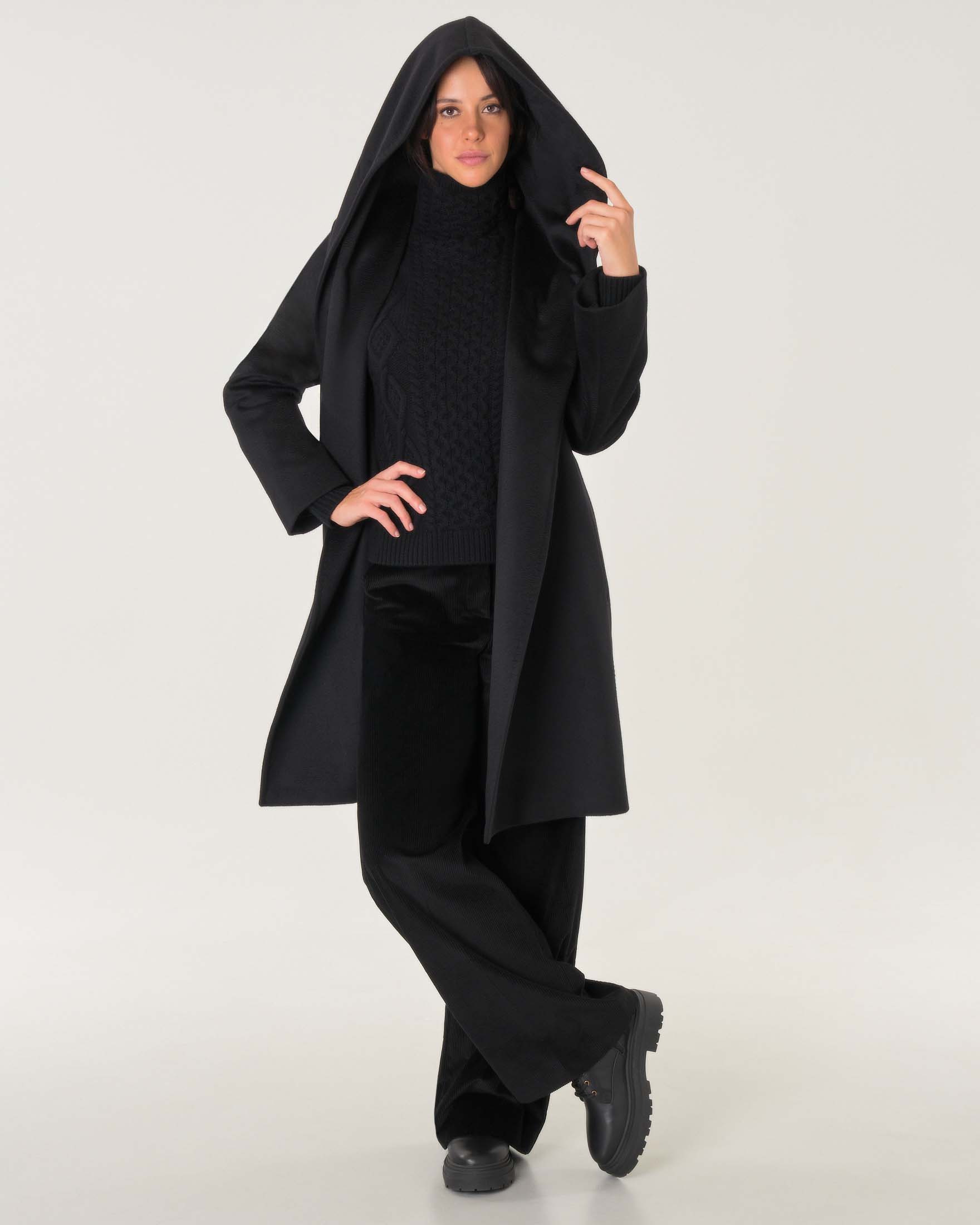Cappotto  corto Max Mara Studio nero in drap di pura lana con cappuccio e cintura image