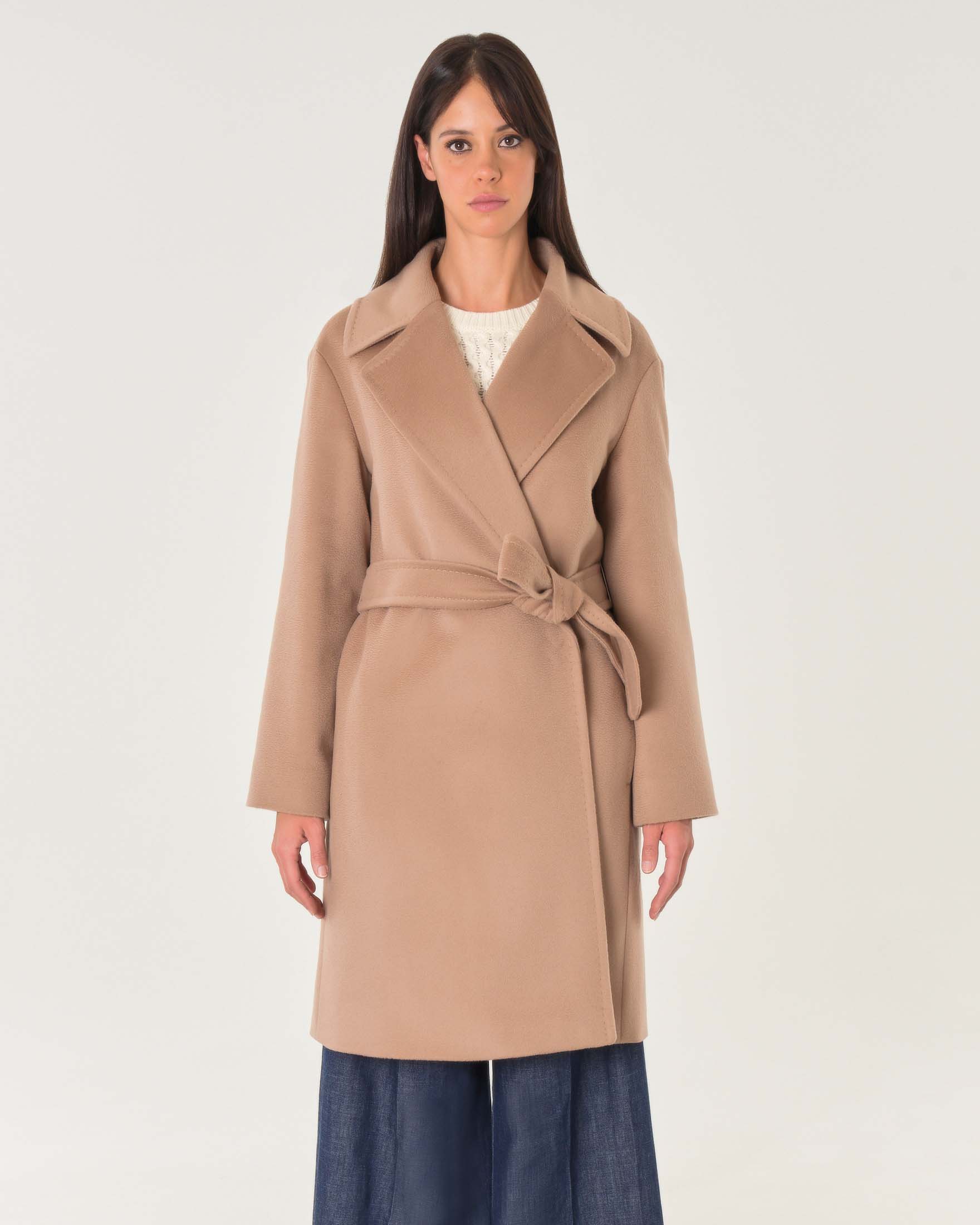 Cappotto midi a vestaglia color cammello in drap di pura lana con