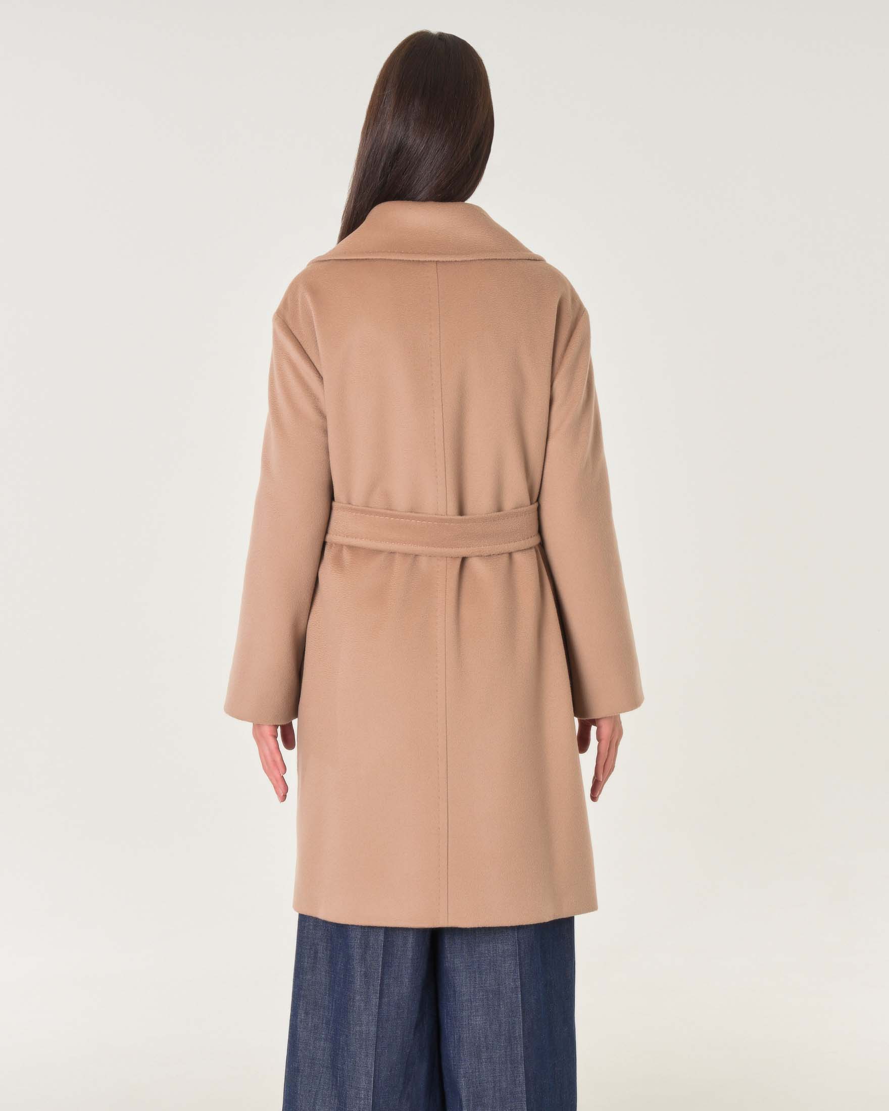 Cappotto midi a vestaglia color cammello in drap di pura lana con