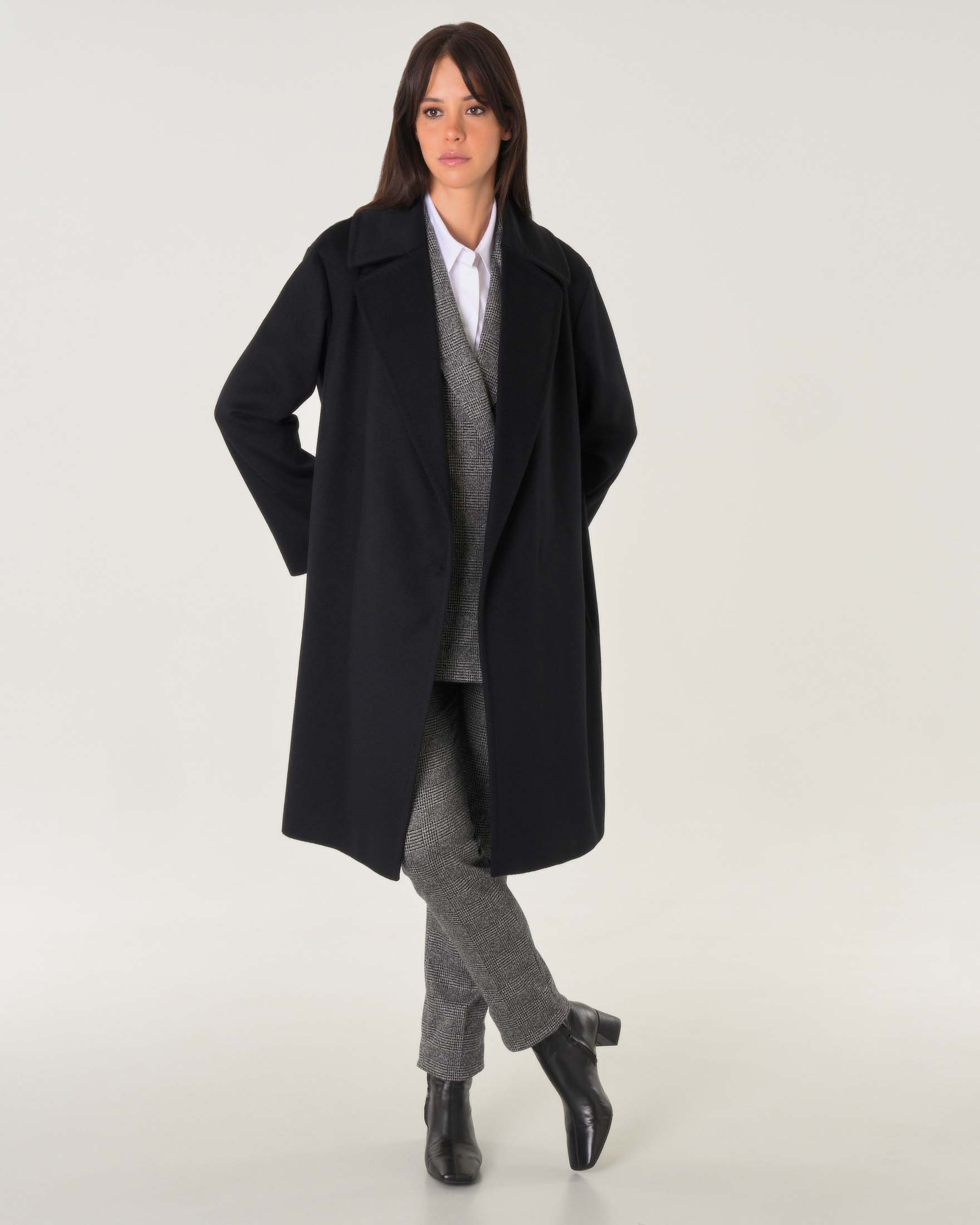 MAX MARA - STUDIO — Cappotto Max Mara Studio midi a vestaglia nero in drap di pura lana con rever ampio