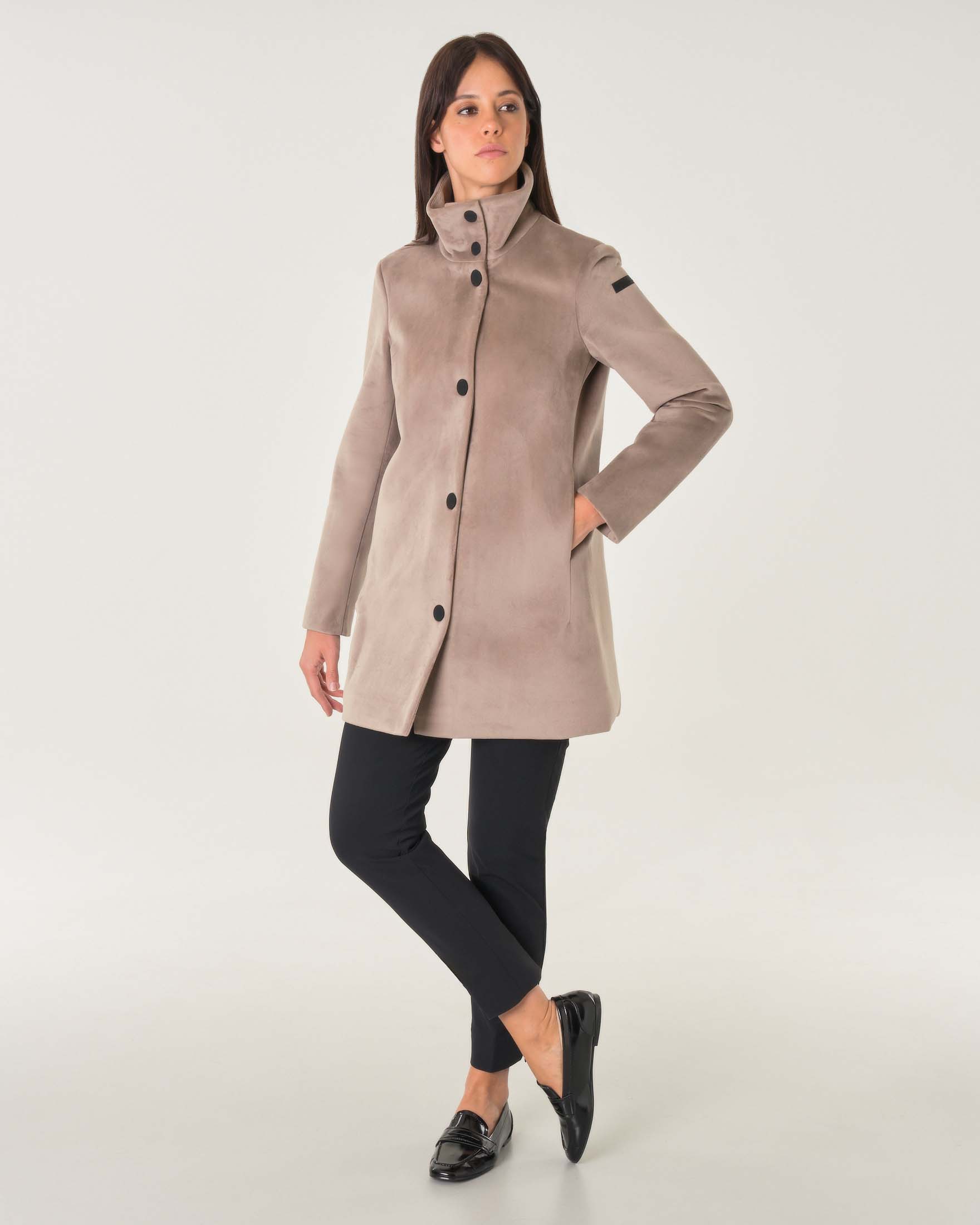 Giaccone Velvet in jersey di velluto color taupe con colletto in piedi