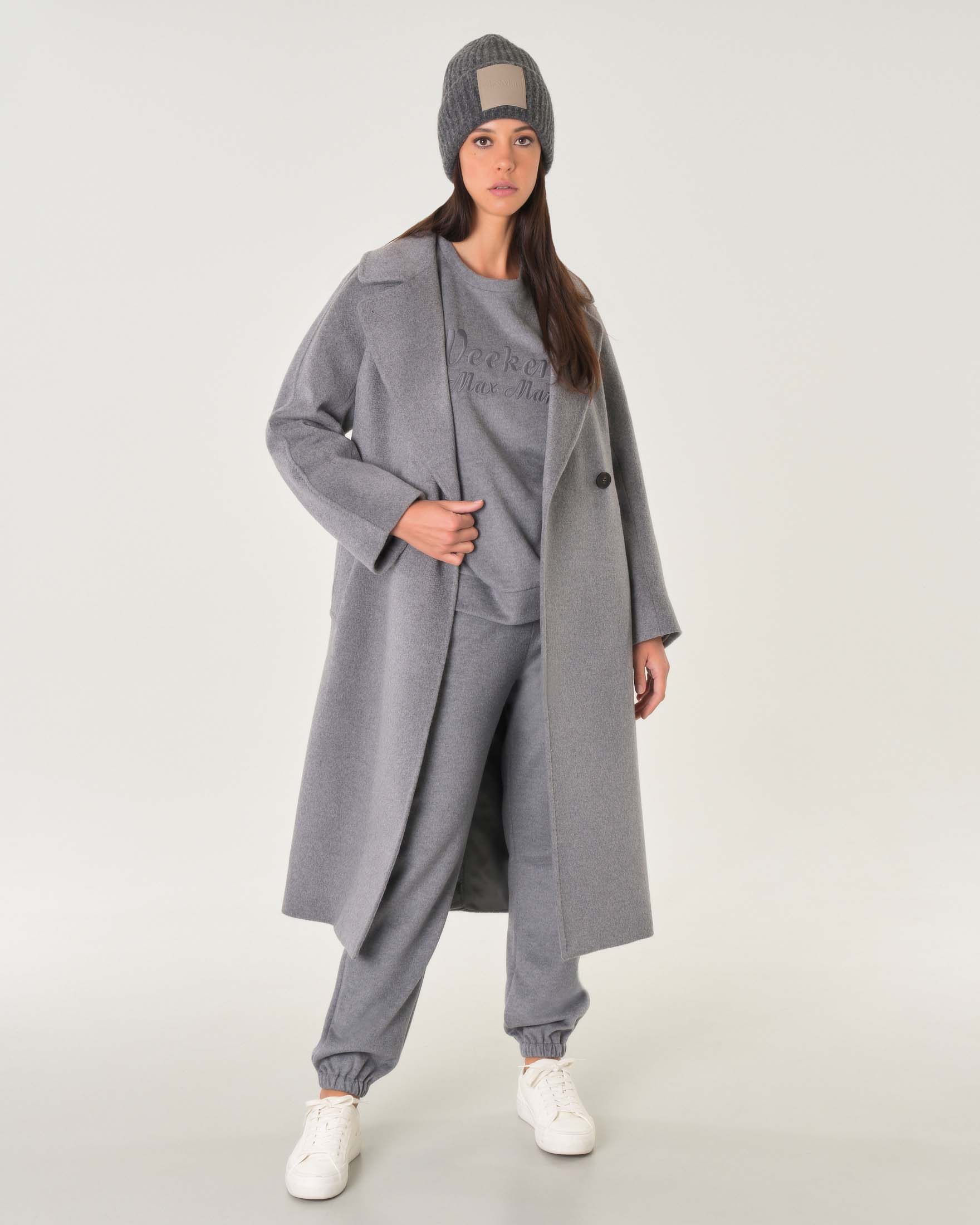 Weekend Max Mara — Cappotto doppiopetto Weekend Max Mara grigio in pura lana vergine con scollo a rever e cintura in vita