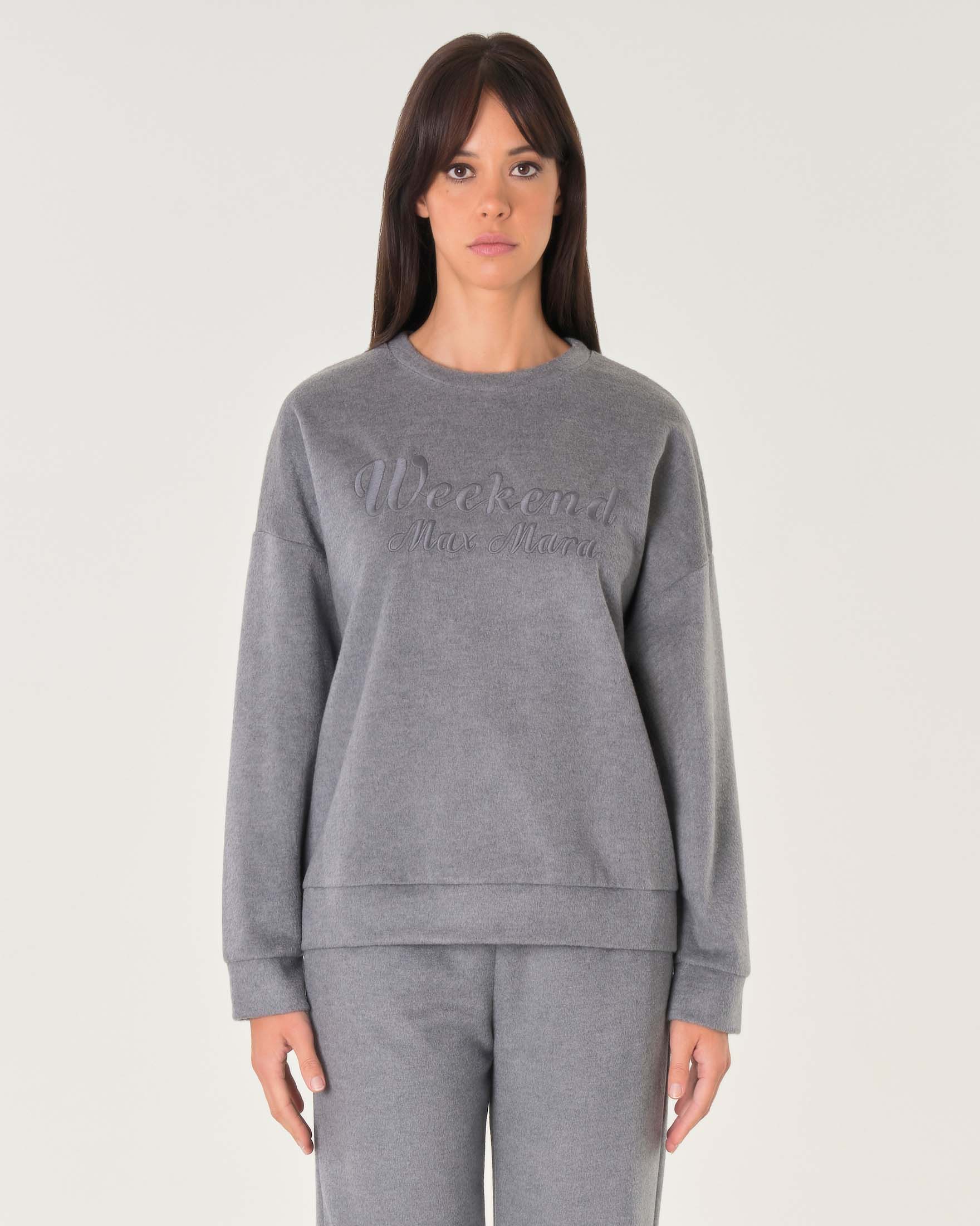 Felpa girocollo grigia in jersey drap di cotone e lana con maxi logo sul petto ricamato in tono image