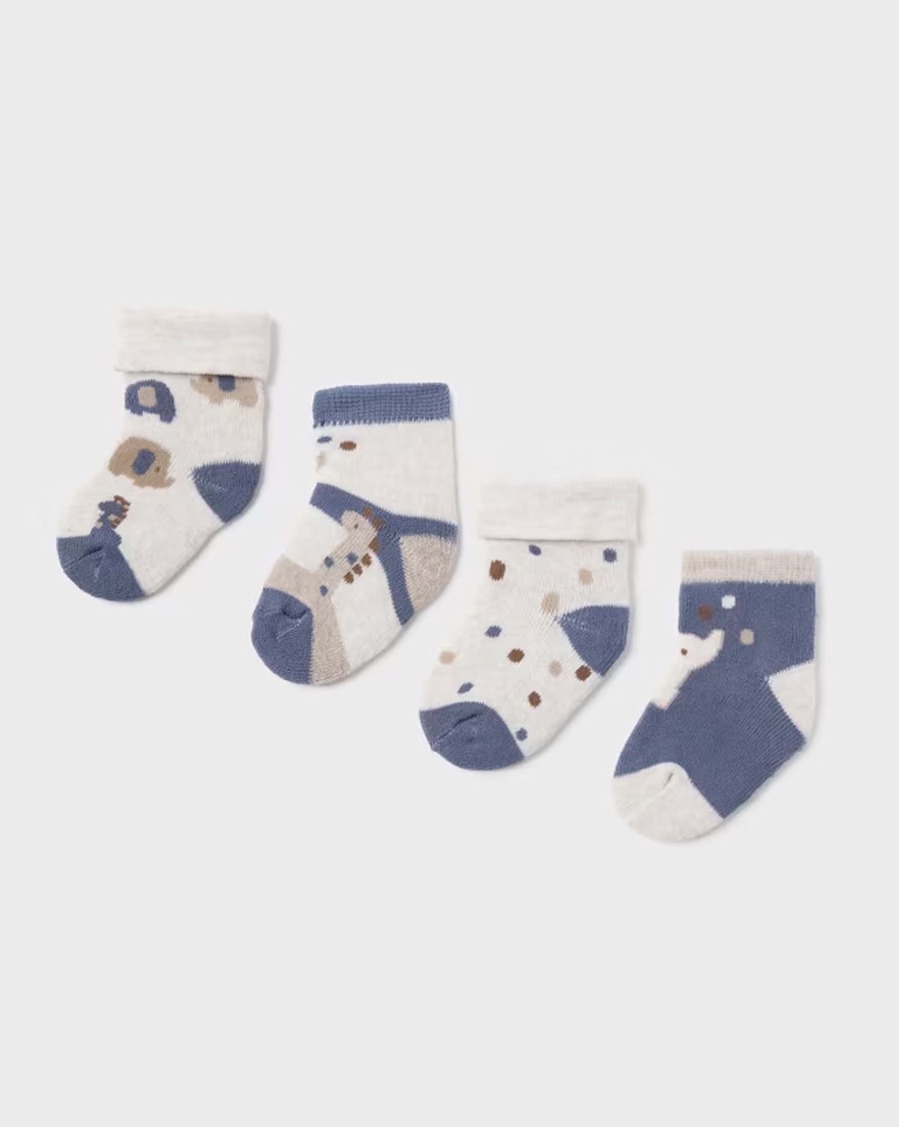 Set di quattro calze blu beige e panna a fantasia animaletti in misto cotone stretch